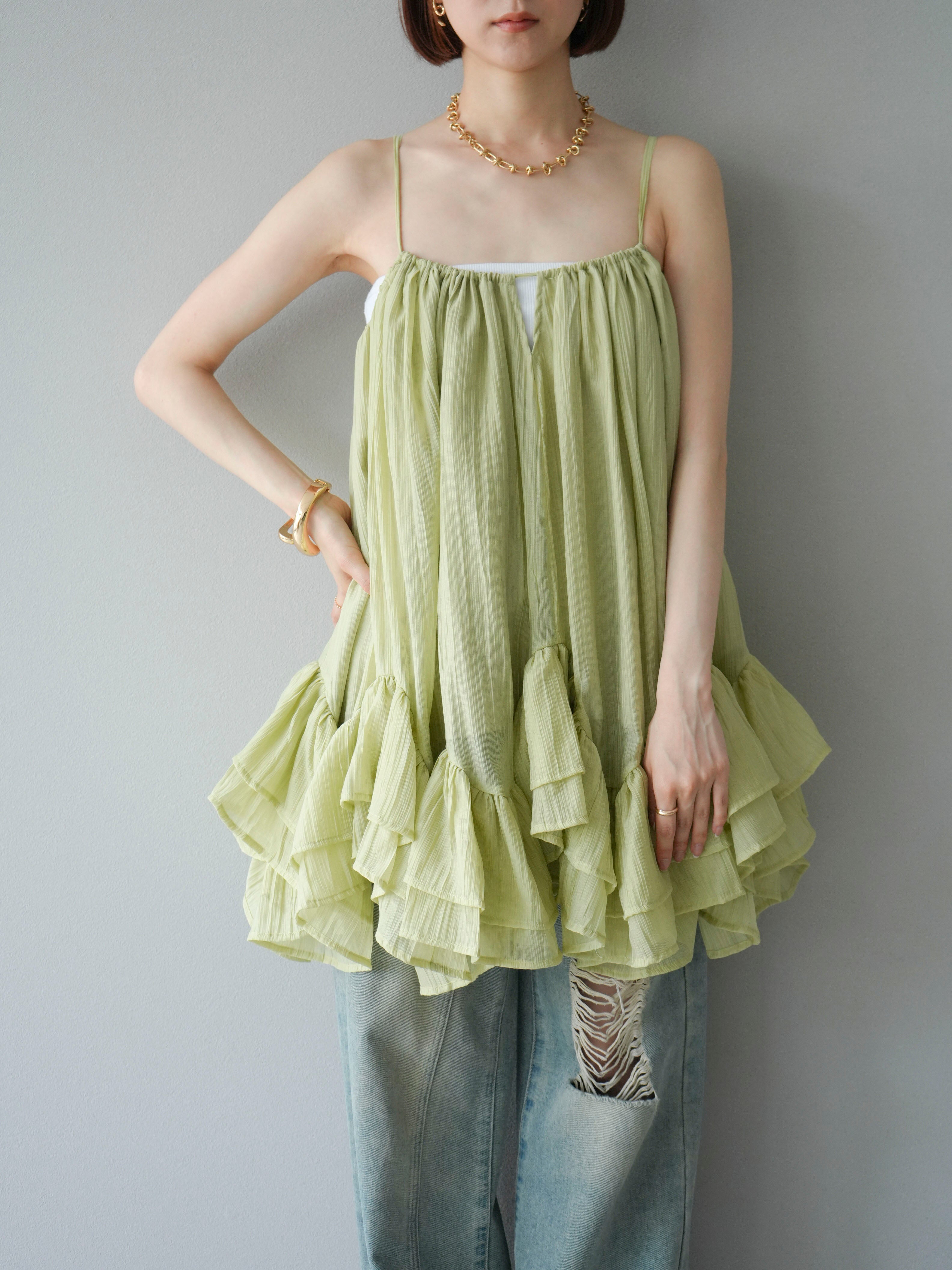 予約]ボリュームフリルキャミソールブラウス/グリーン – Lumier