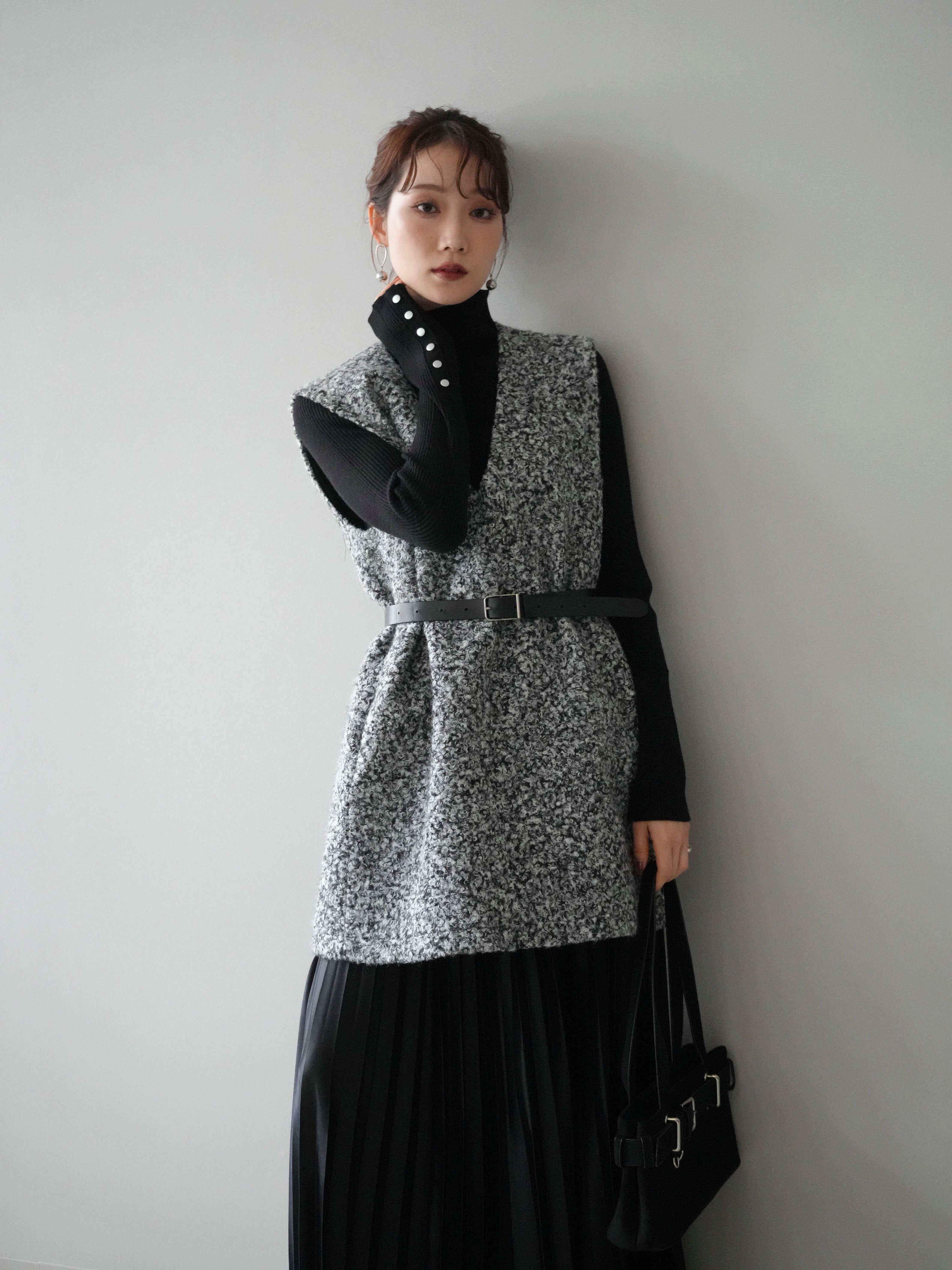 SET]ミックスループヤーンニットミニワンピース+袖ボタンボトルネック