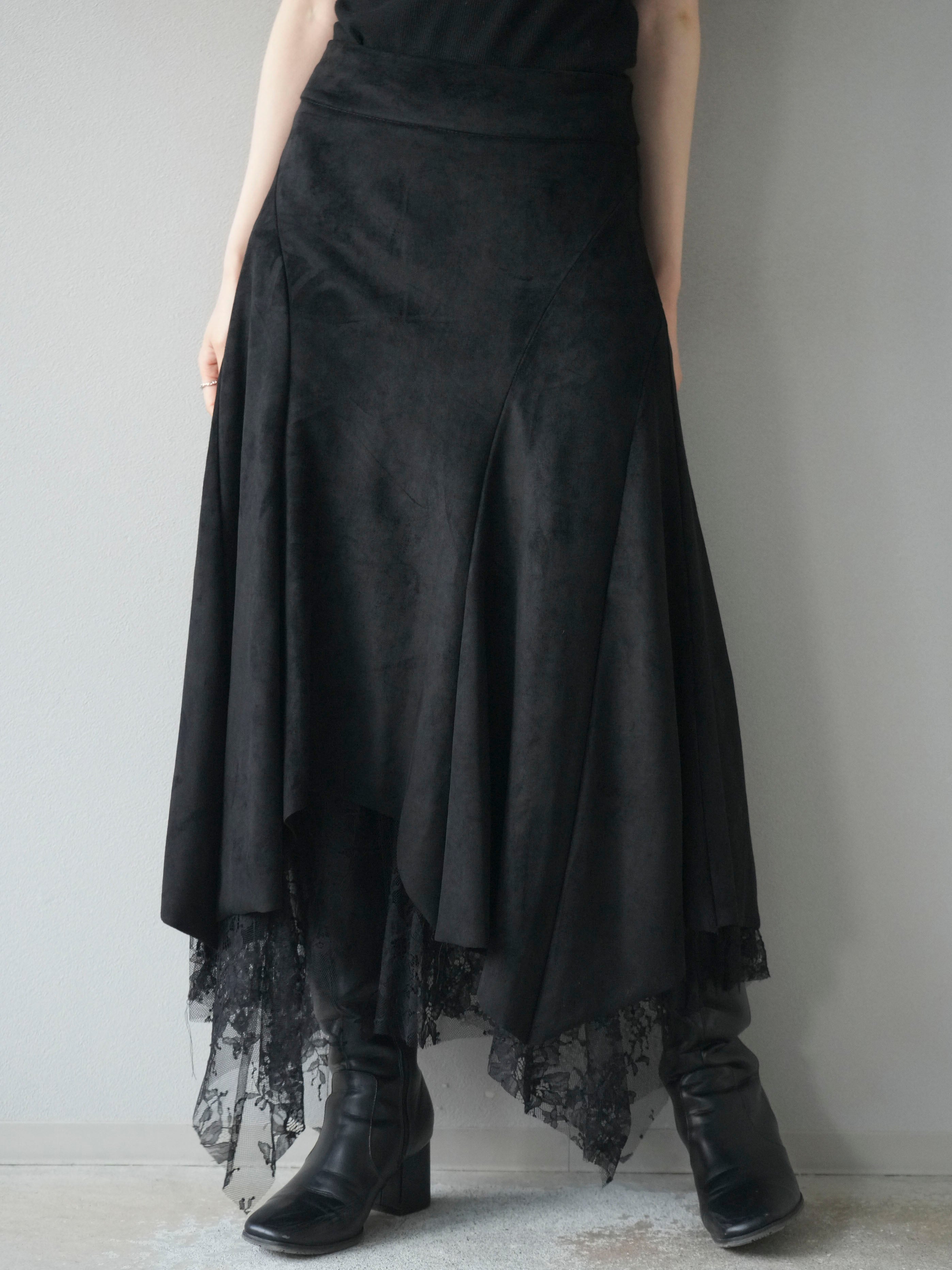 予約]スエード裾レースアシンメトリースカート/black – Lumier