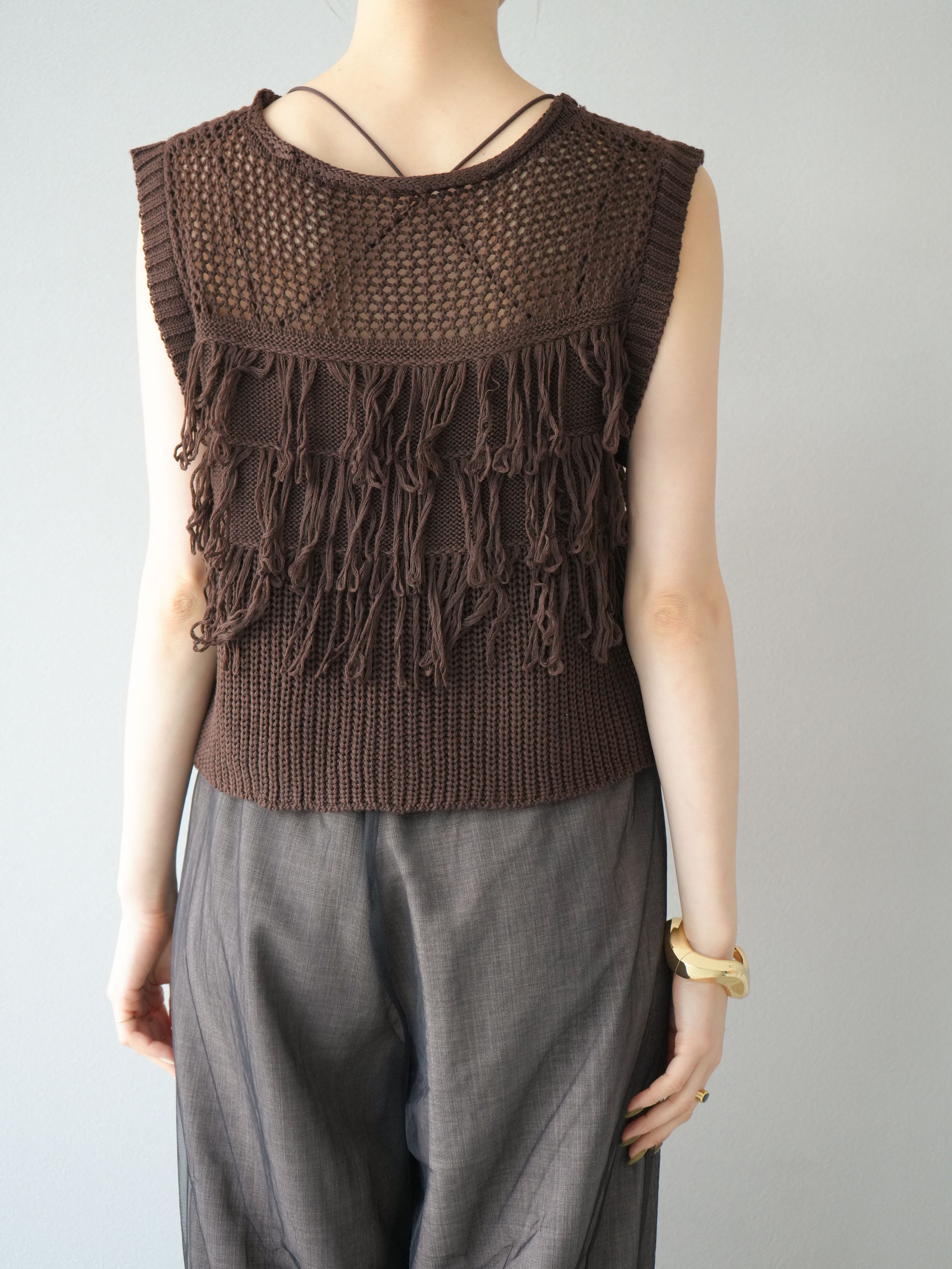 予約]透かし編みフリンジニットトップス/ブラウン – Lumier