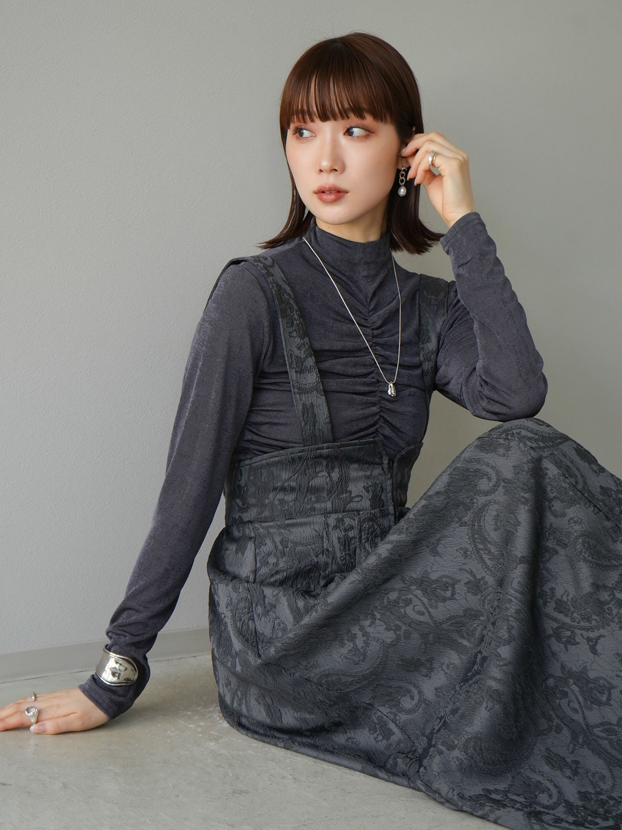 予約]ペイズリージャガード2WAYフレアジャンパースカート/チャコール