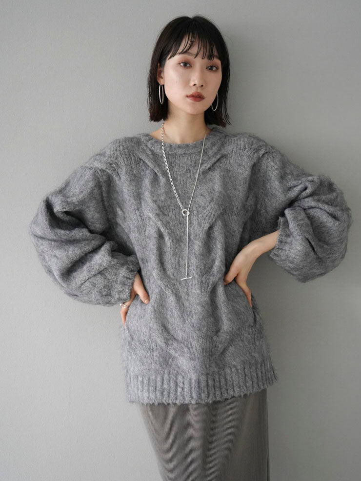 予約]ミックスケーブル編みニットプルオーバー/グレー – Lumier