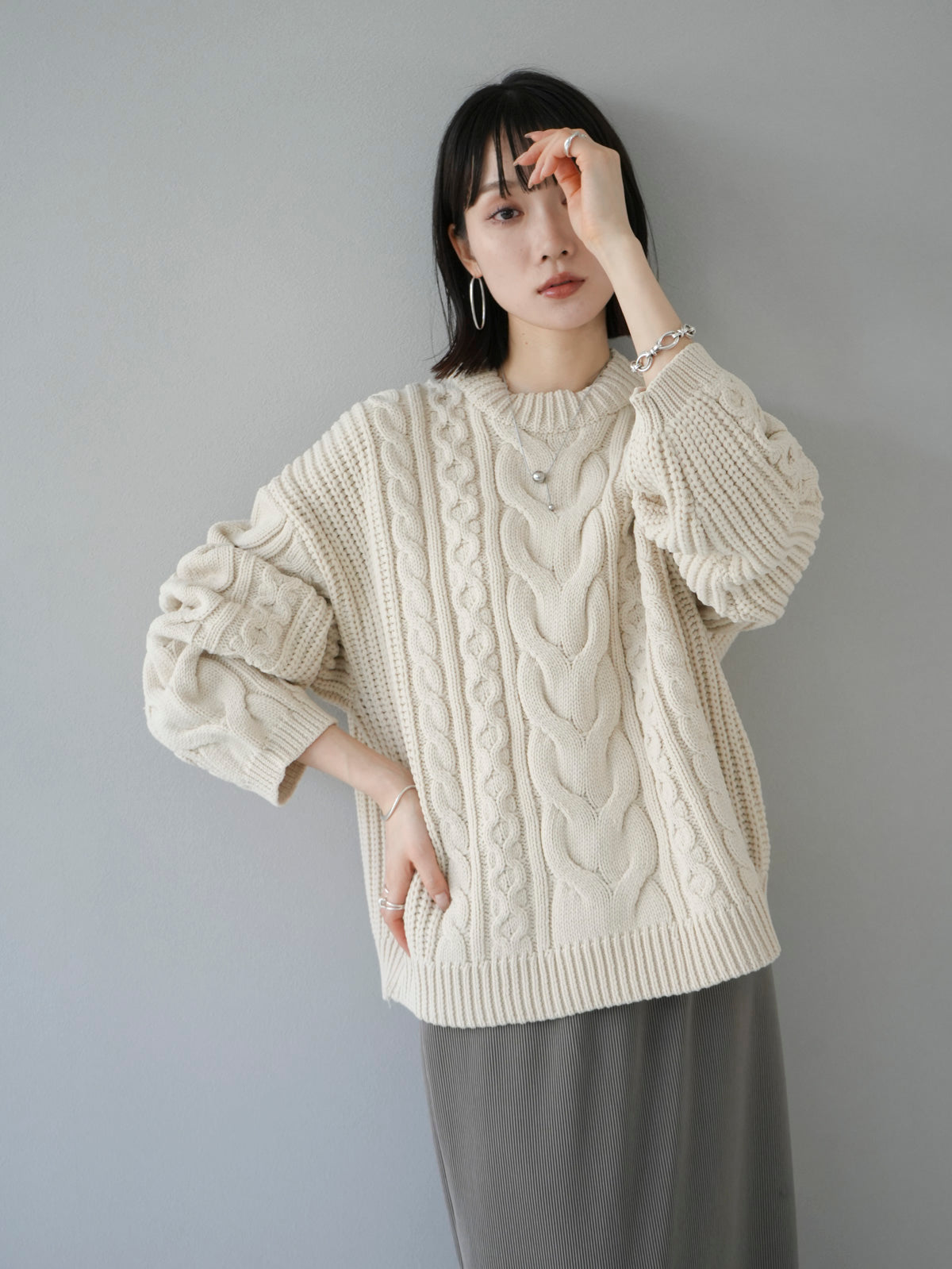 予約]ミックスケーブルポリエステルニットプルオーバー/アイボリー