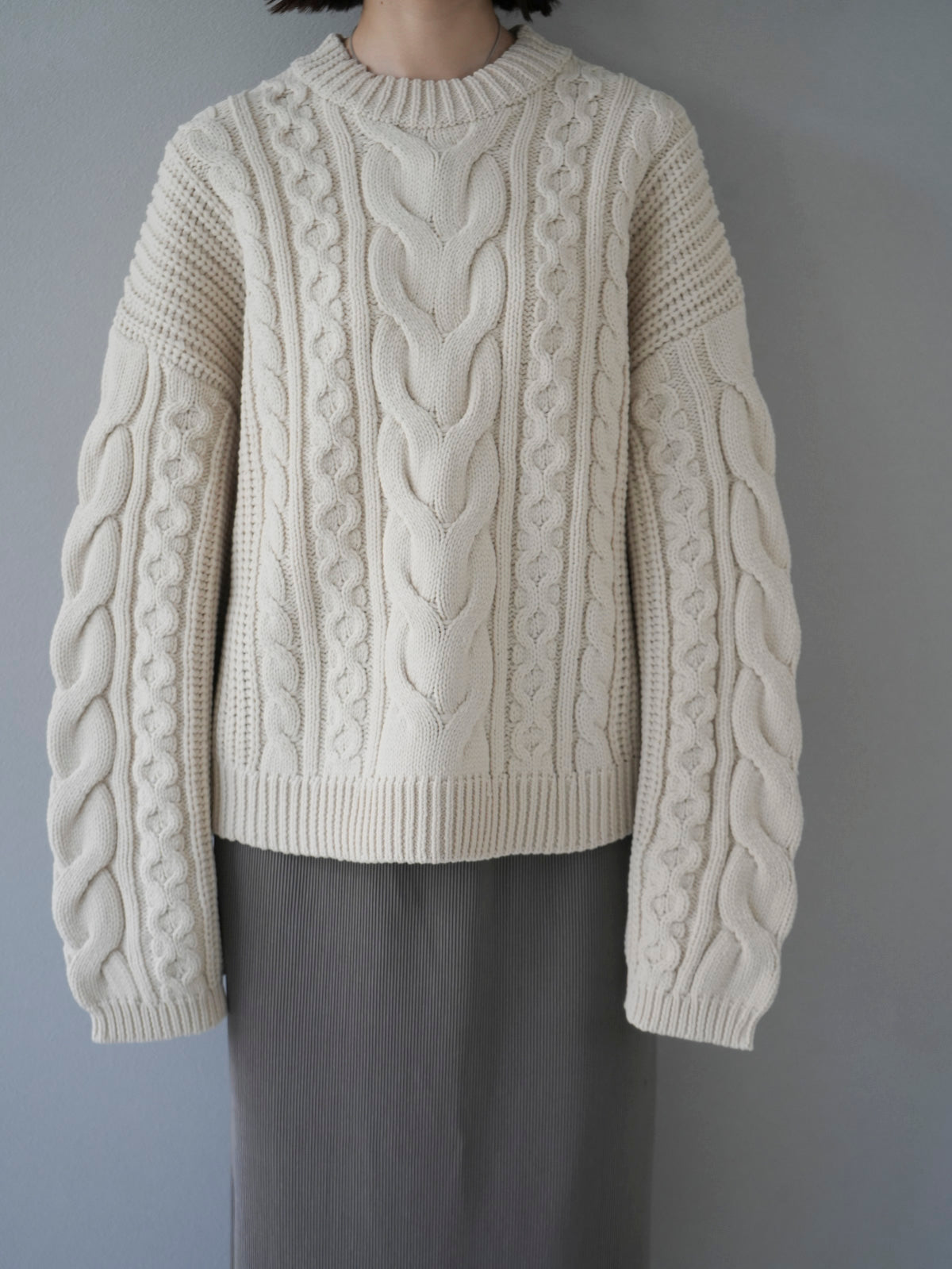 予約]ミックスケーブルポリエステルニットプルオーバー/アイボリー