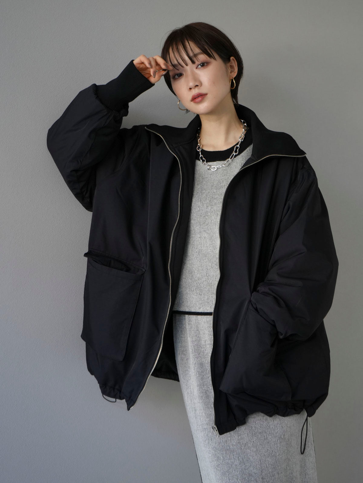 予約]リブスタンドカラービッグポケットオーバーブルゾン/ブラック