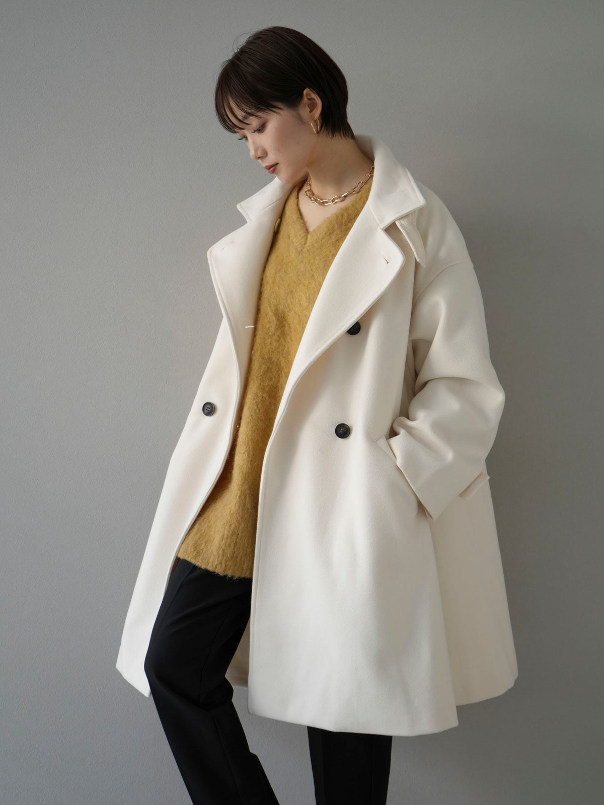 予約]ウールタッチフレアミドルコート/アイボリー – Lumier