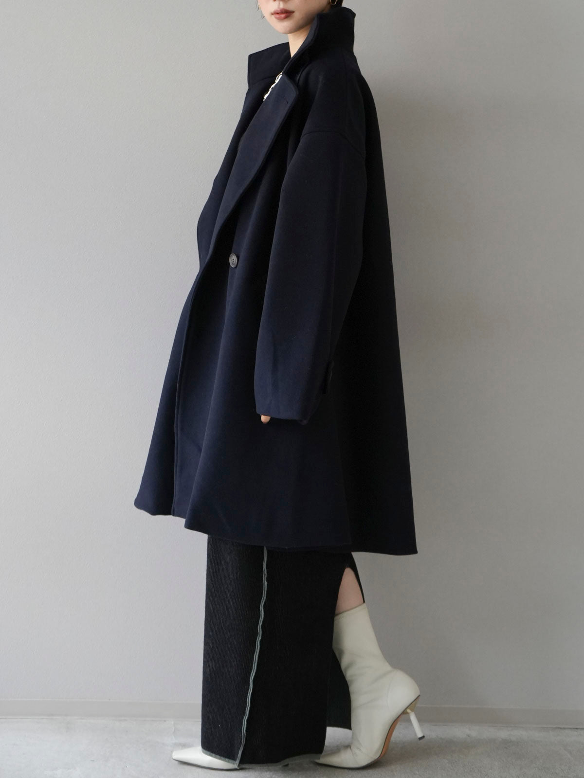 予約]ウールタッチフレアミドルコート/ネイビー – Lumier