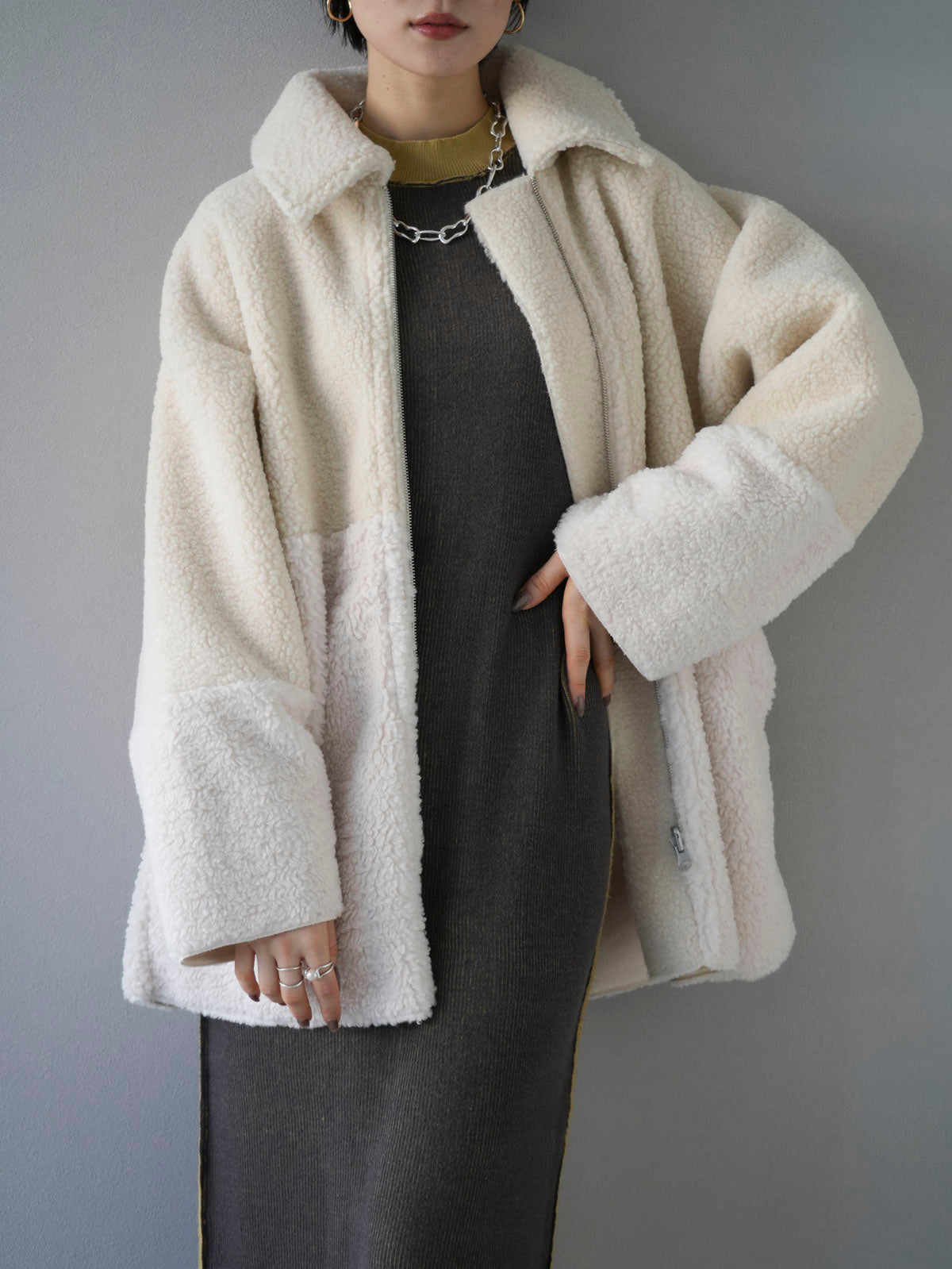 予約]フェイクムートン切替ジップショートコート/アイボリー – Lumier