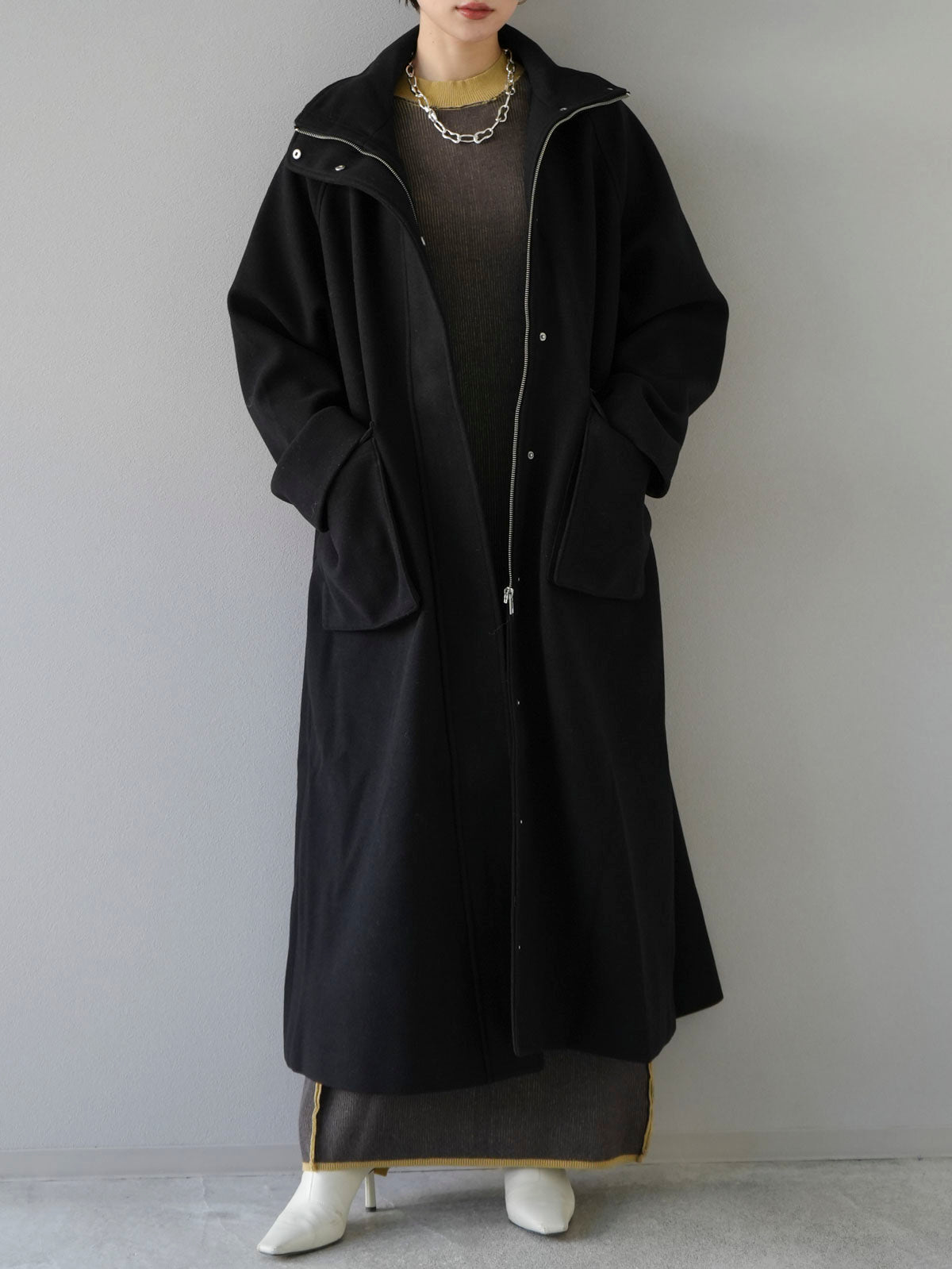 予約]ウールタッチスタンドカラージップコート/ブラック – Lumier