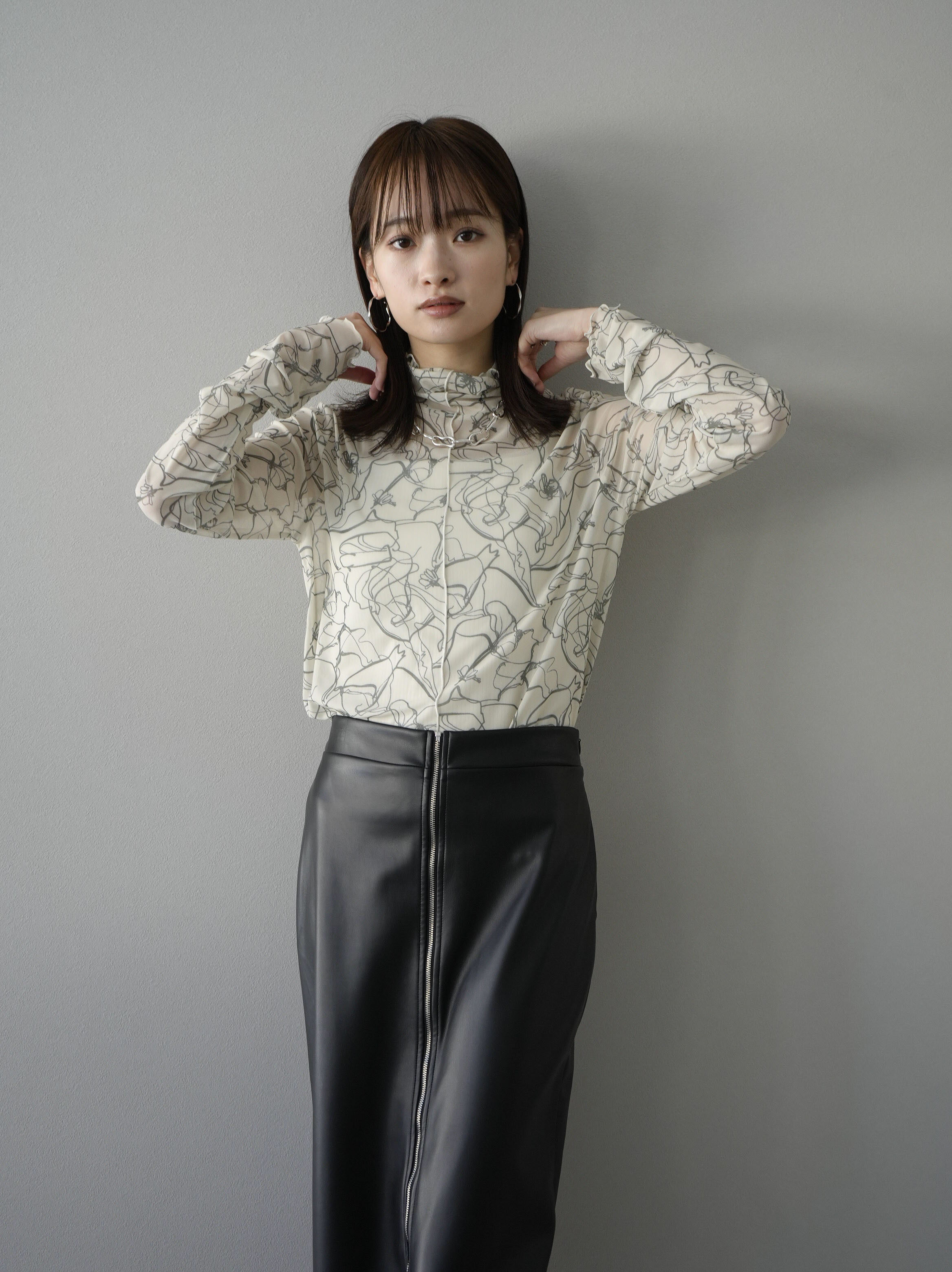 SET]ペンタッチシアーメロートップス+フロントジップフェイクレザー