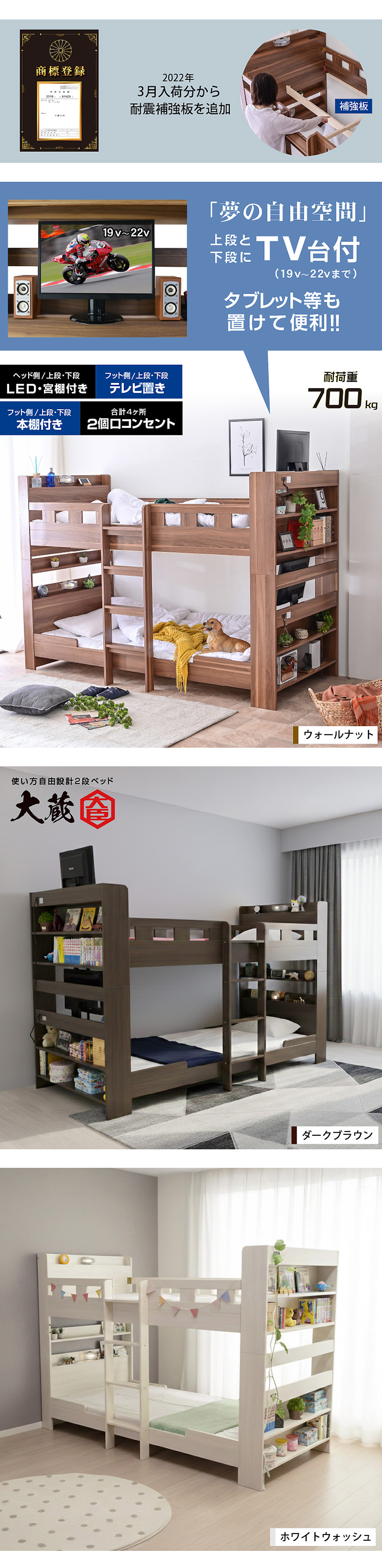 二段ベッド｜省スペース設計 収納付き 宮棚と本棚一体化でTVも置ける