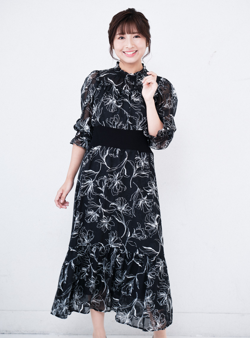 長袖花柄シフォンフリルワンピース｜結婚式パーティのレンタルドレス