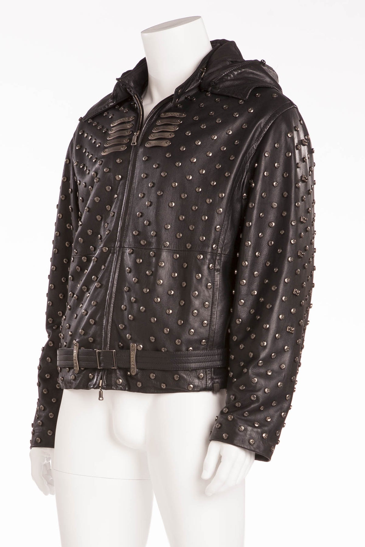Gianfranco Ferre - Black Leather Screw Embellishment Zip Up Jacket