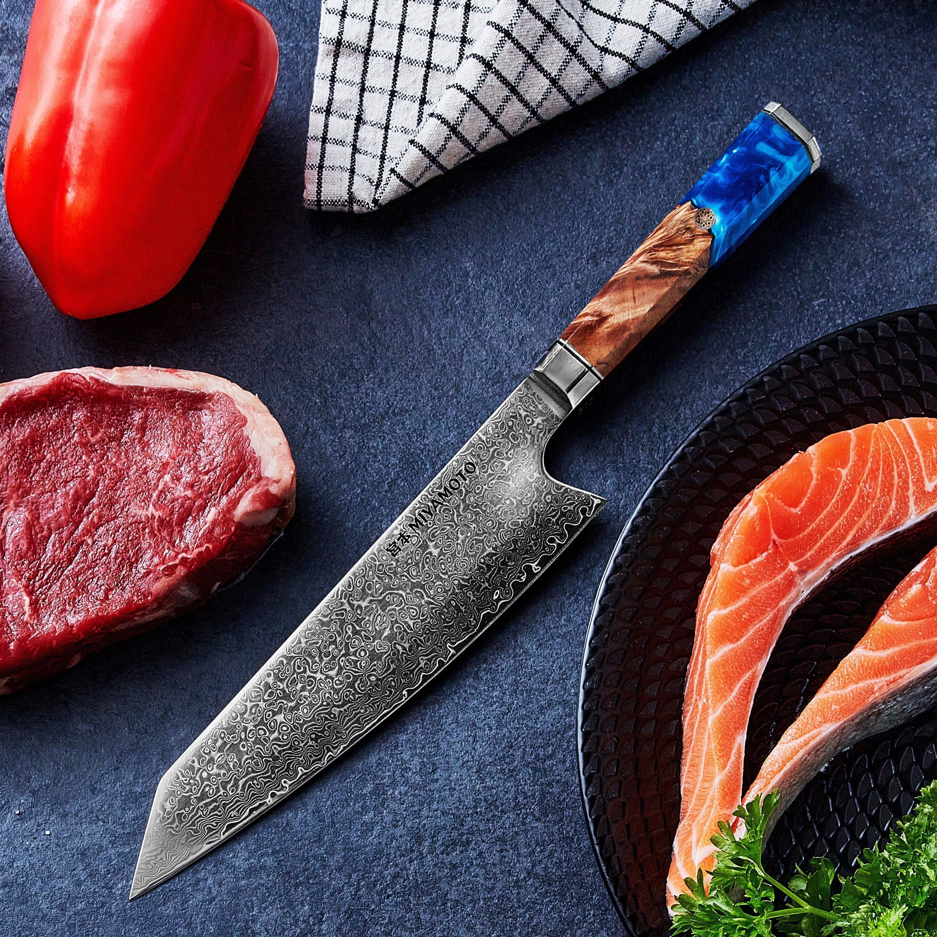 Miyamoto Damascus Kiritsuke Chef Knife with Blue Resin Handle