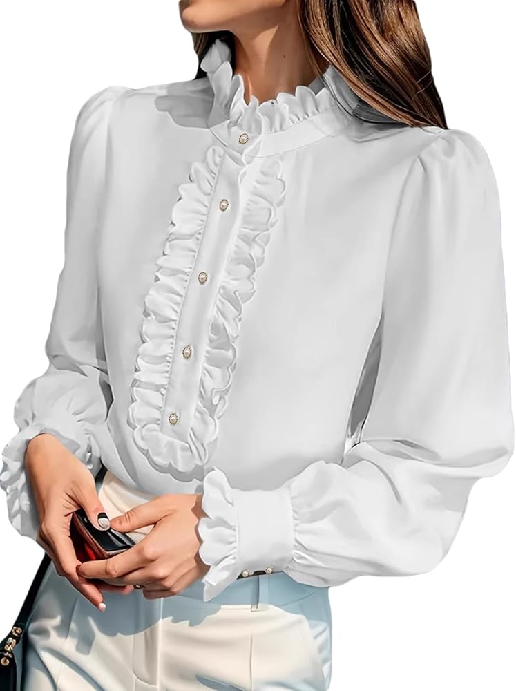 Amazon | ブラウス フリル襟 長袖 春 オフィス フォーマル カジュアル