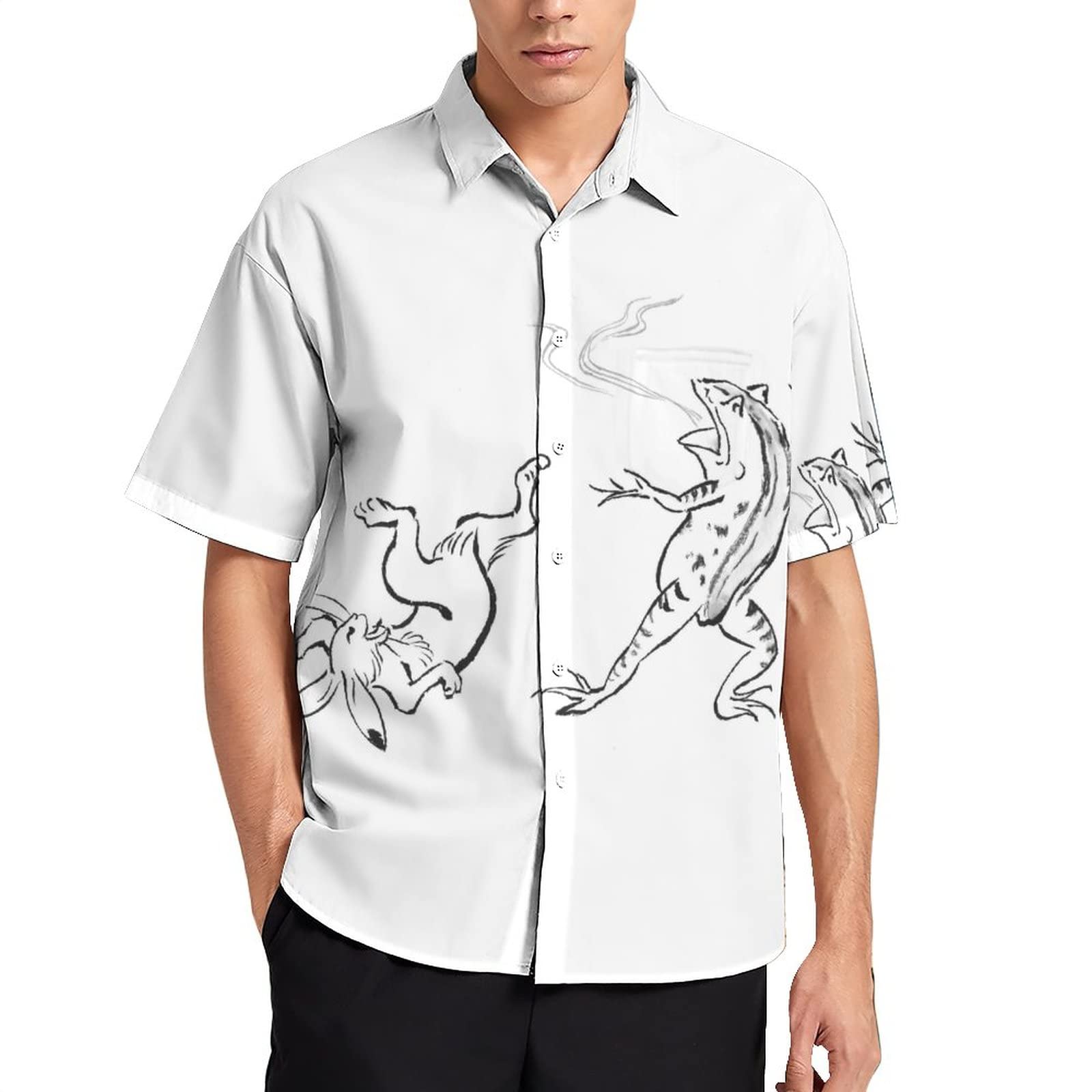 Amazon.co.jp: シャツ メンズ 半袖 鳥獣戯画 ビーチシャツ ボタン