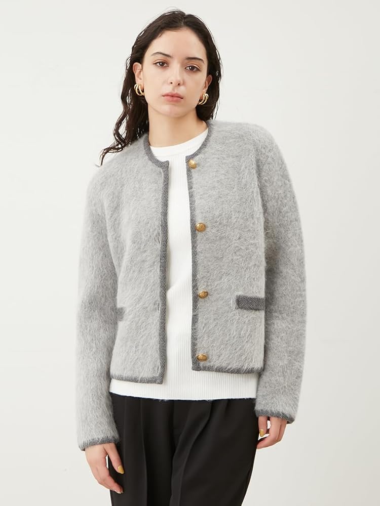 Amazon.co.jp: [ミラオーウェン] 金釦短丈アルパカニットカーデ