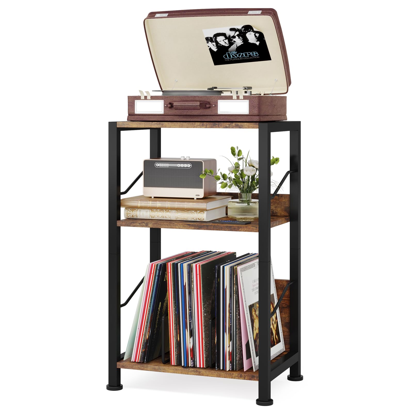 Hosfais 3 Tier Record Player Stand, Retro Vinyl Storage End Table