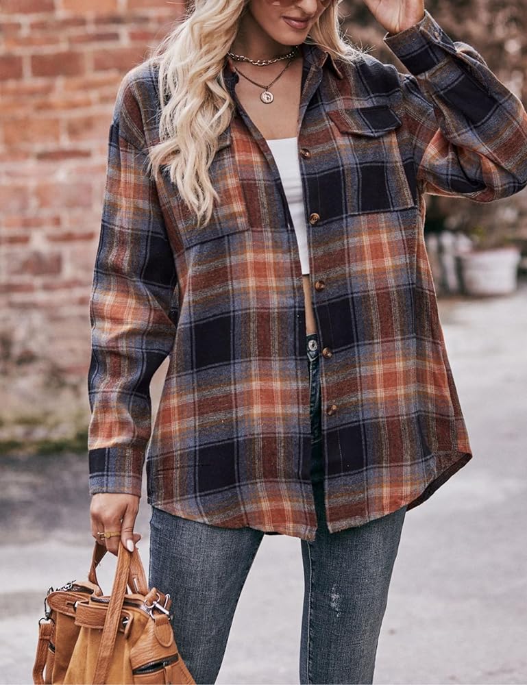 Wanzetaly Plaid Flannel Shirts for Women Oversized Button Down
