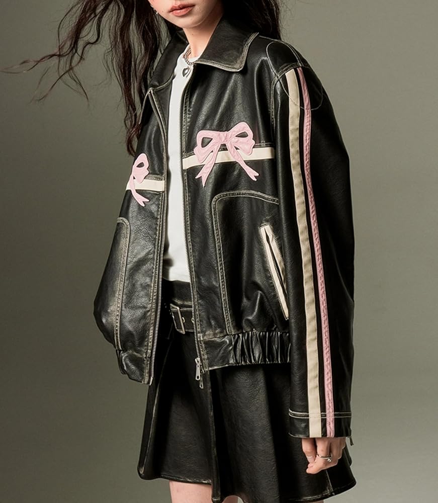 Amazon.com: YELLOOP Bow Jacket Faux Leather Jacket Women Vintage