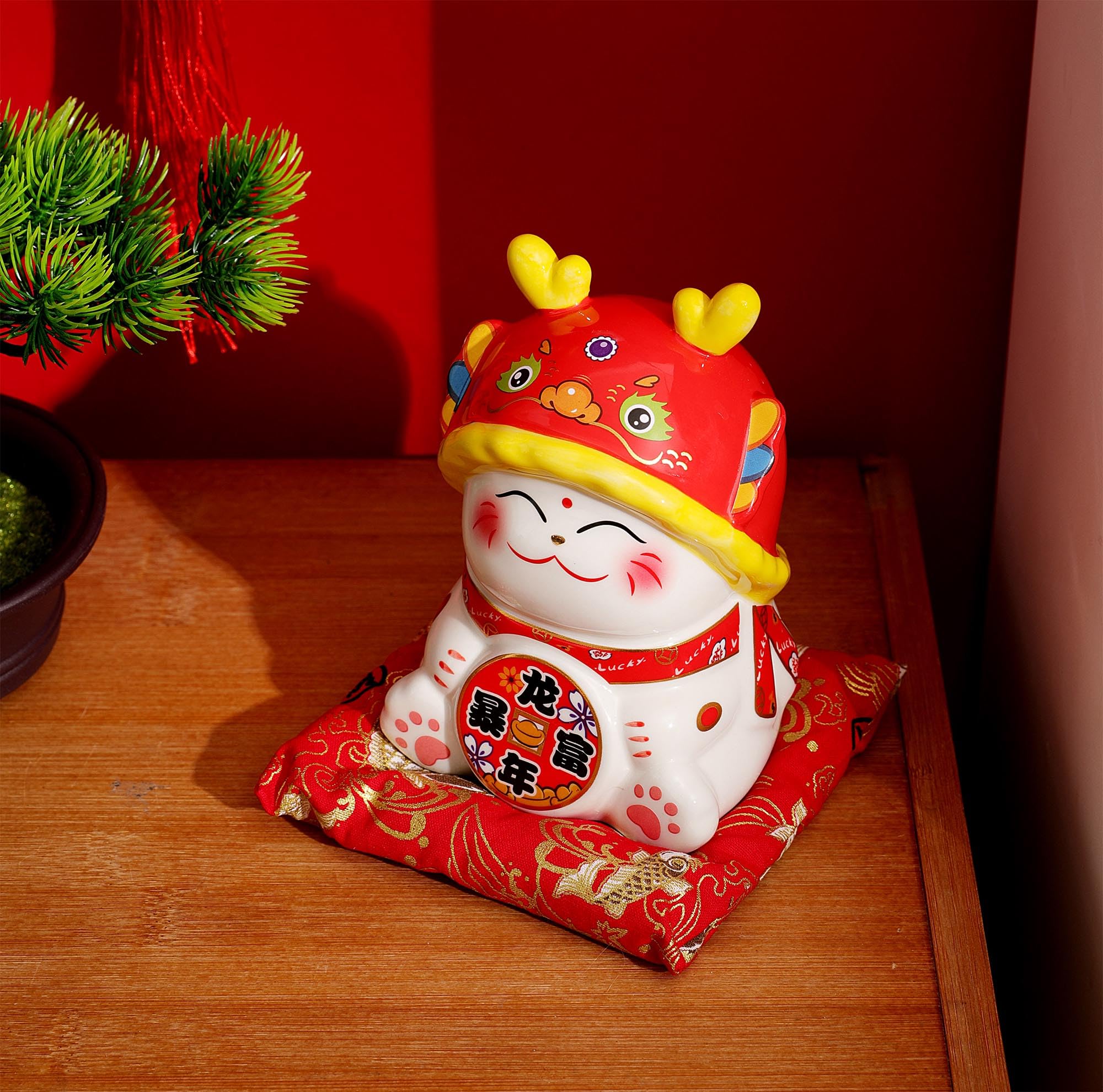 Cute Maneki Neko Figures Piggy Bank, Lucky Cat Wearing Dragon Hat