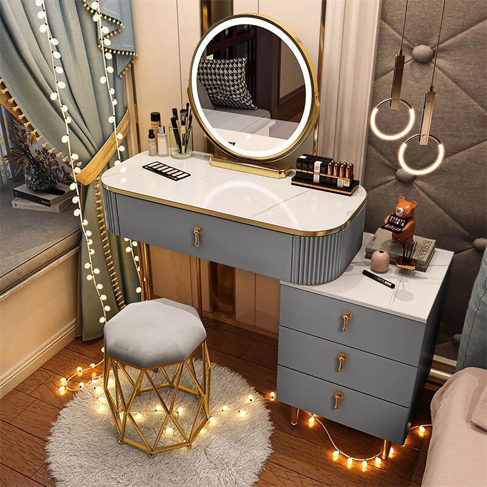 新品ドレッサー 北欧風 化粧台 LED三色変更 おしゃれ 大鏡面 スツール