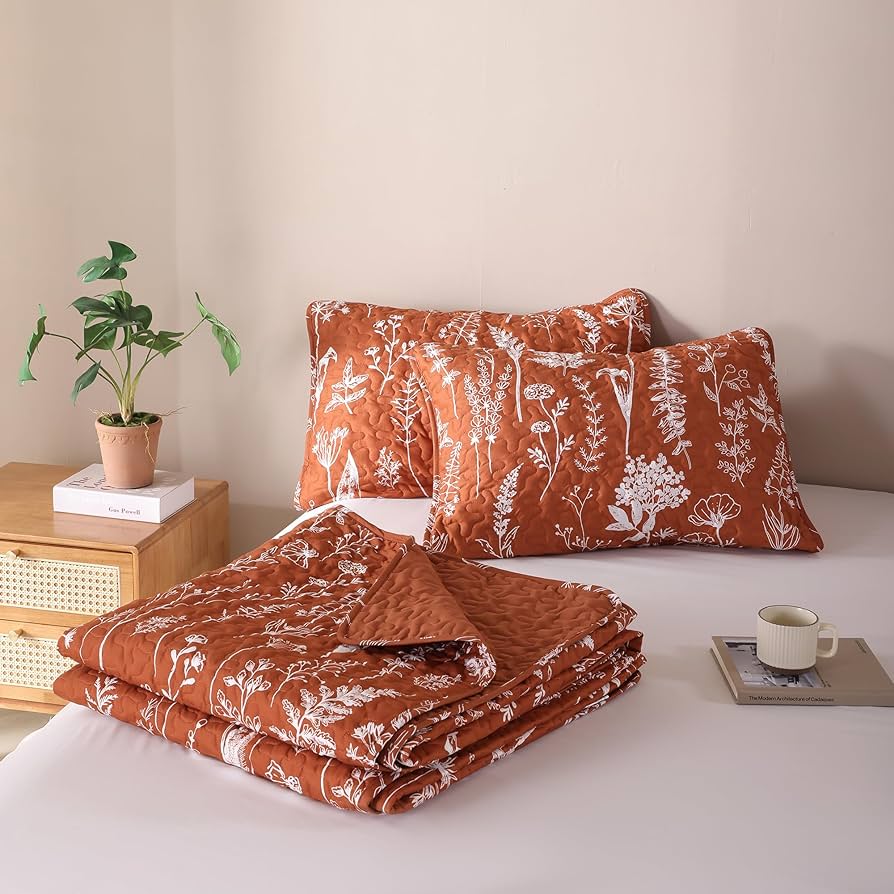 Amazon.com: JANZAA Quilts Queen Size Floral Bed Spread Terracotta