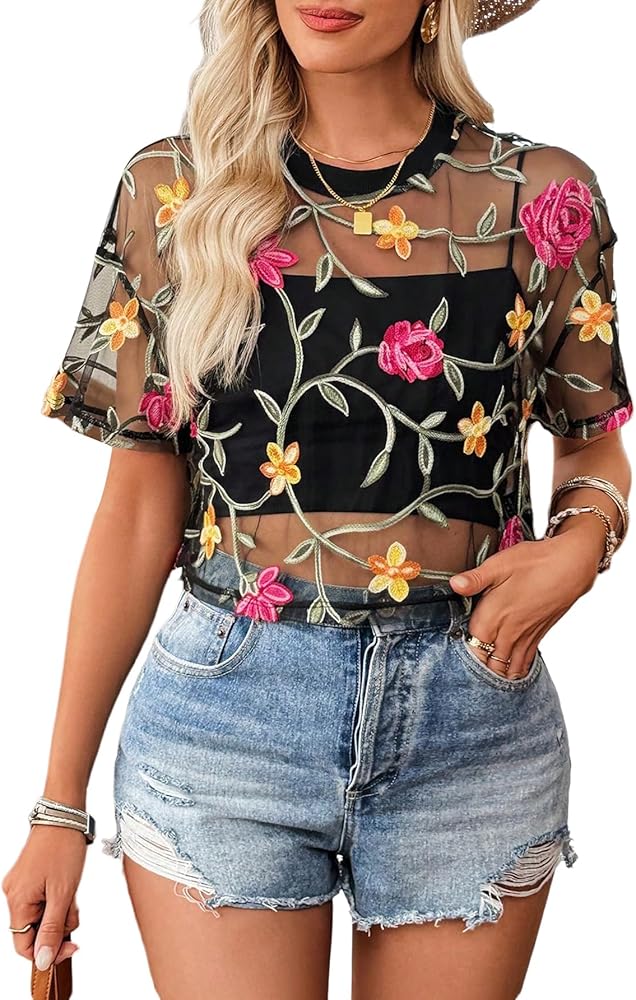 SweatyRocks Women Sexy Sheer Mesh Crop Tops Floral See Through
