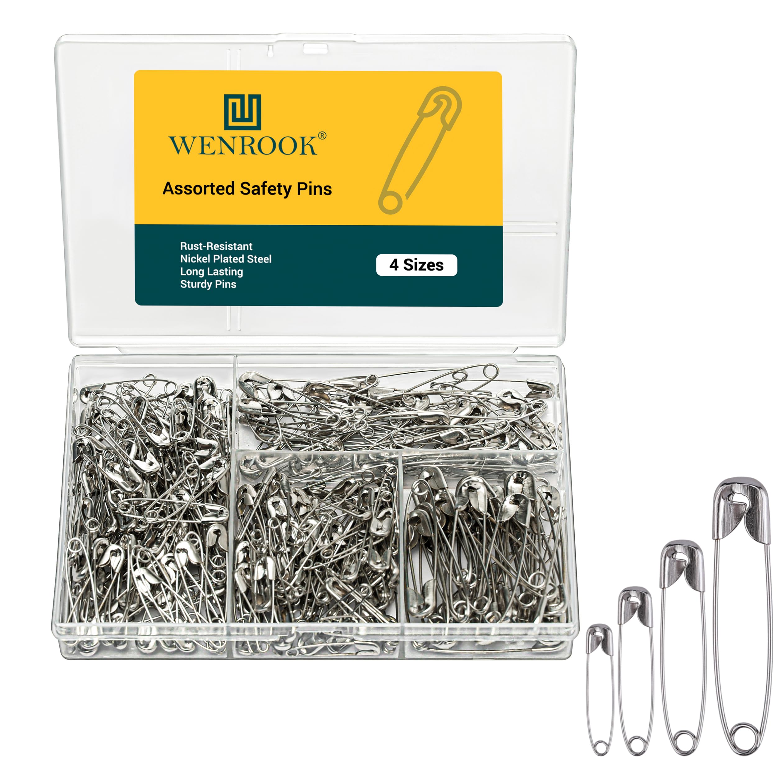 Wenrook 300 Pack Safety Pins Assorted, 4 Different Sizes, Strong