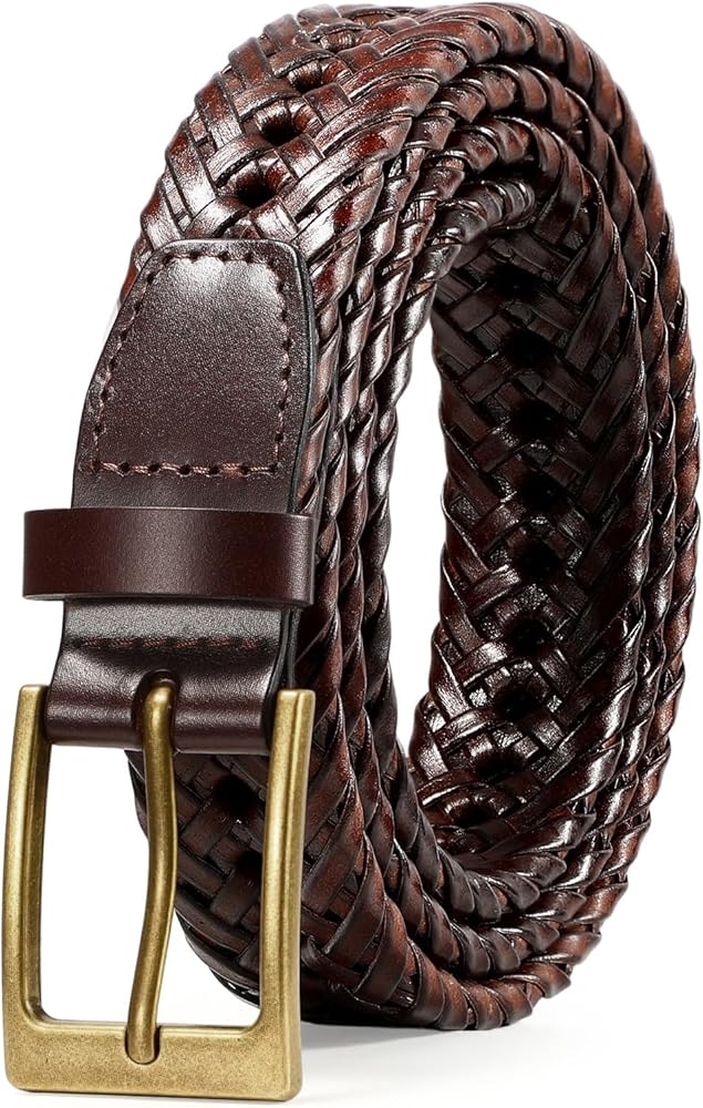 SUOSDEY Braided Genuine Leather Tan Belt for Men, 1.2