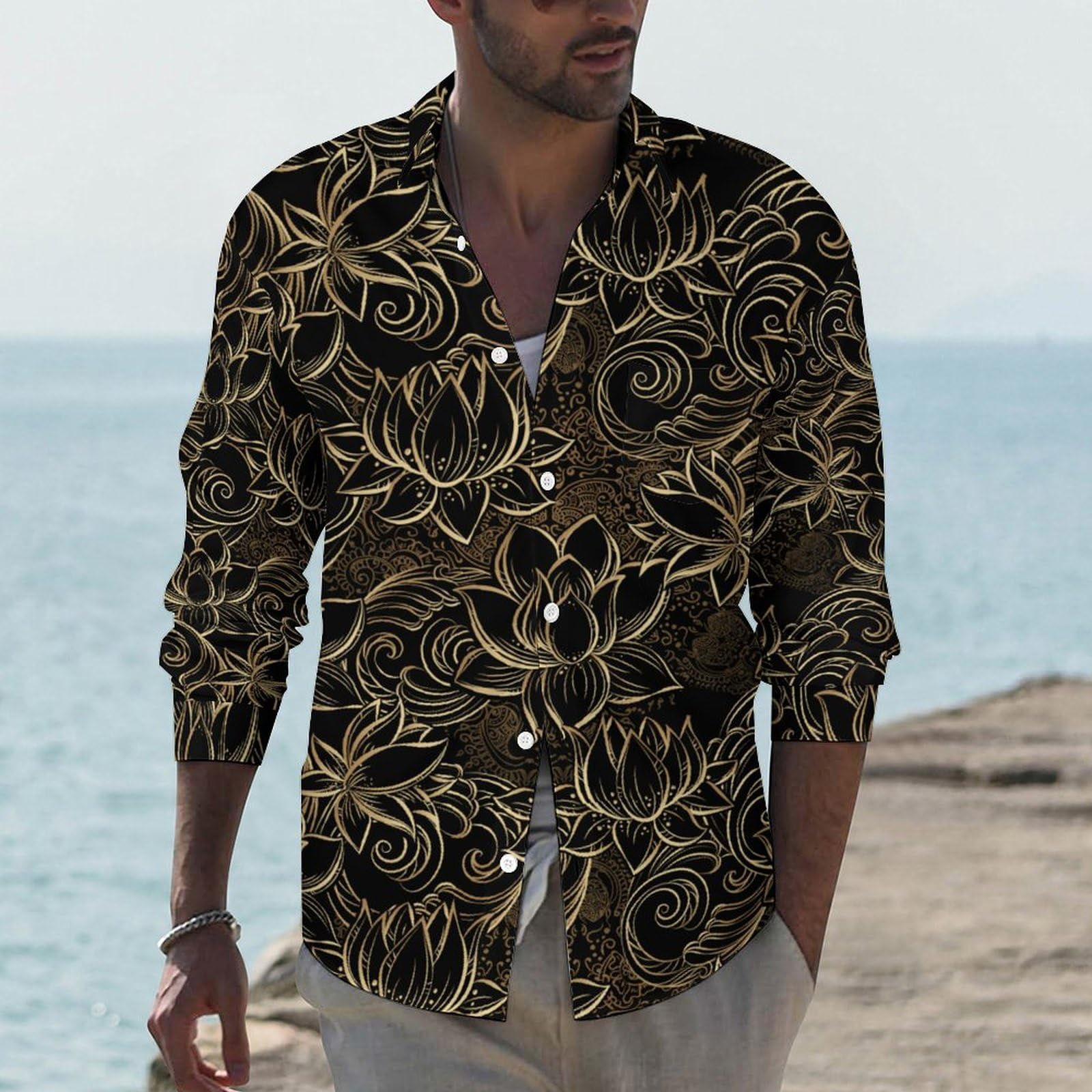 Amazon.co.jp: 和風 和柄 花柄 蓮 金色 ブラック メンズ 長袖 シャツ