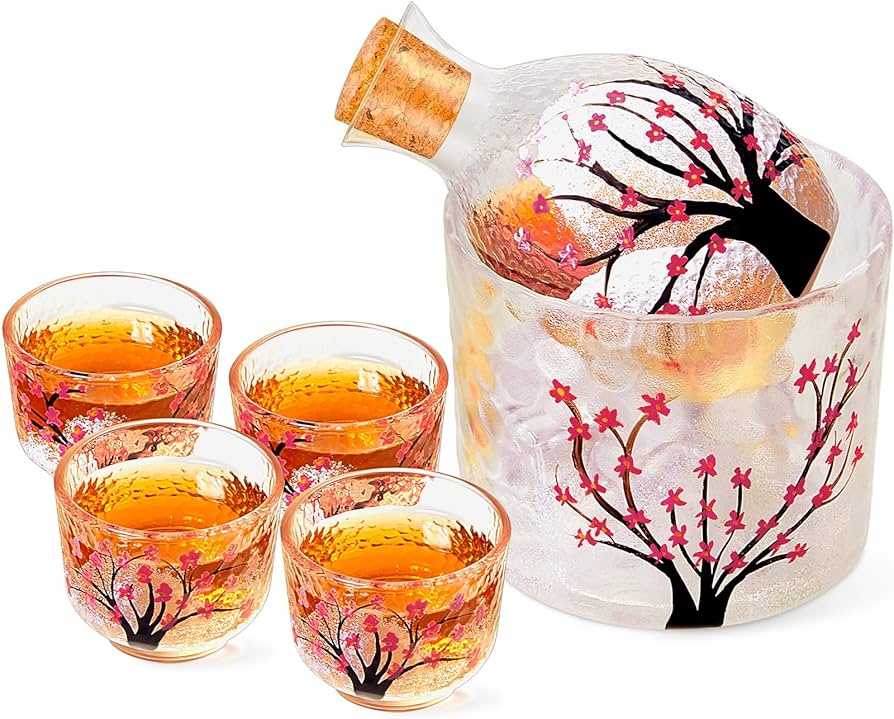 Amazon.com | Irenare 6 Pcs Japanese Sake Set for 4, Pink Cherry