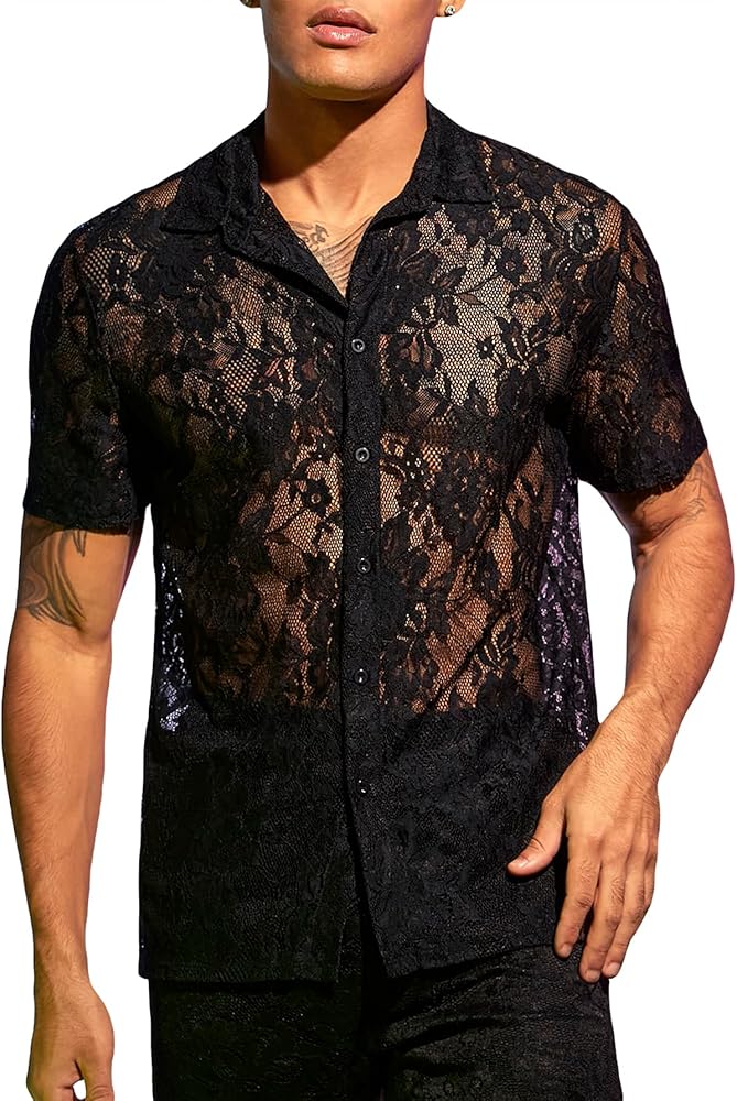 WDIRARA Men's Floral Mesh Tee Top Sheer Round Neck Short Sleeve T