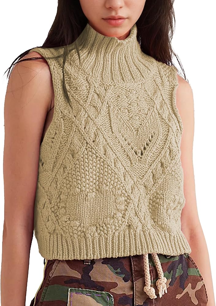 Hixiaohe Turtleneck Crochet Sweater Vest Fall Fashion Knit