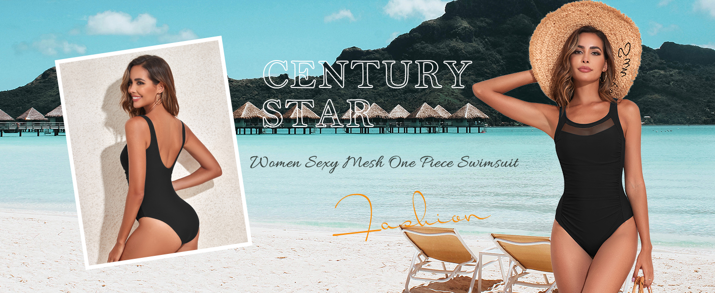 Century Star 2025 Mesh One Piece Swimsuit Women Tummy Control Full
