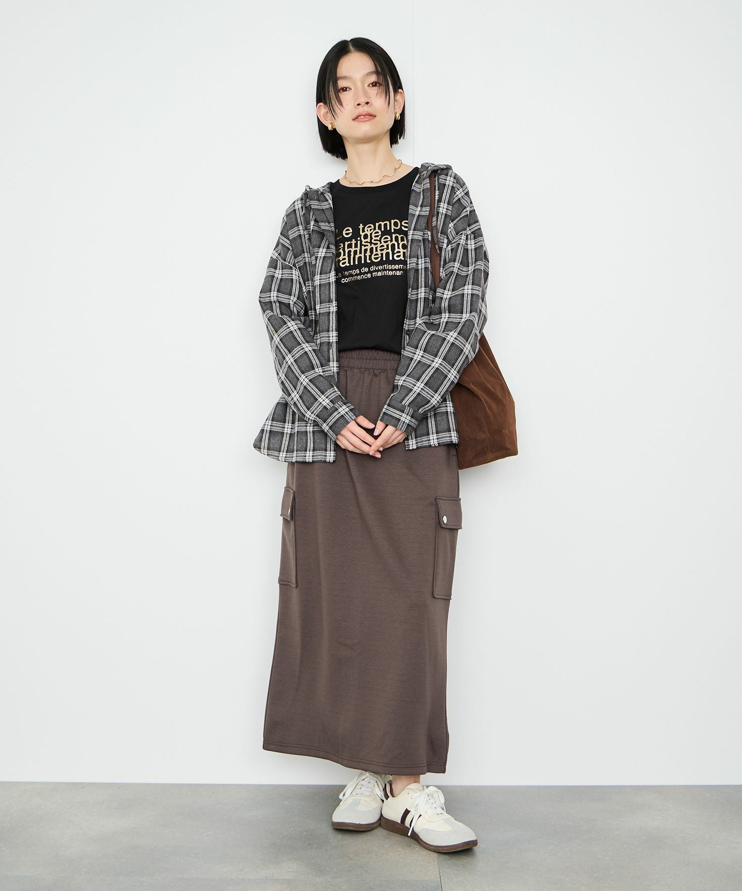 Idnes フードネルチェックシャツ レディース