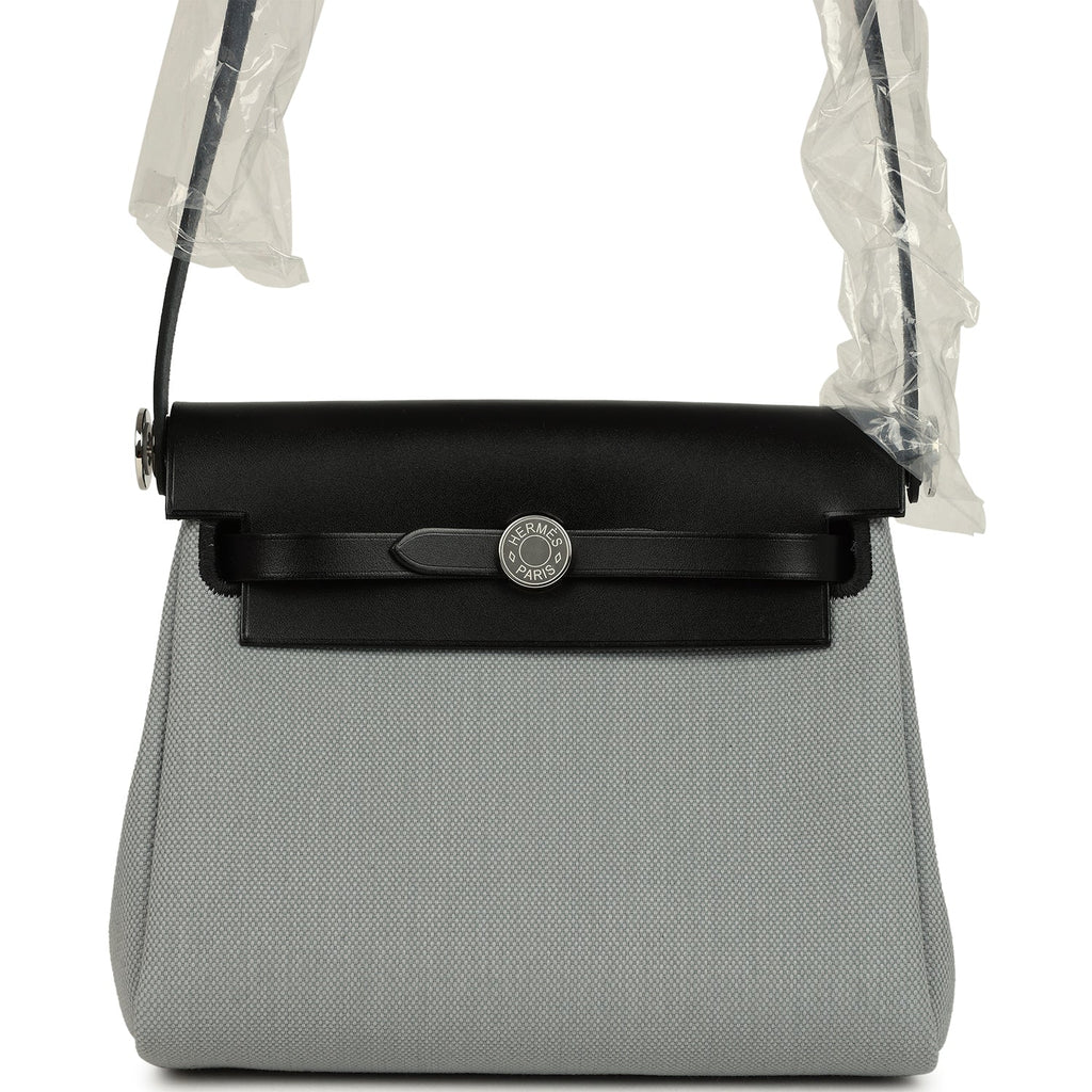 Hermes Herbag Zip 20 Mini Gris Pantin Toile Militaire Canvas and Black