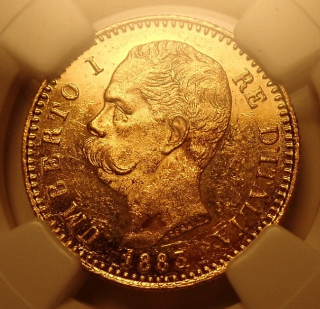 イタリア1883/2年20リレ金貨のプルーフライク貨、ウンベルト1世