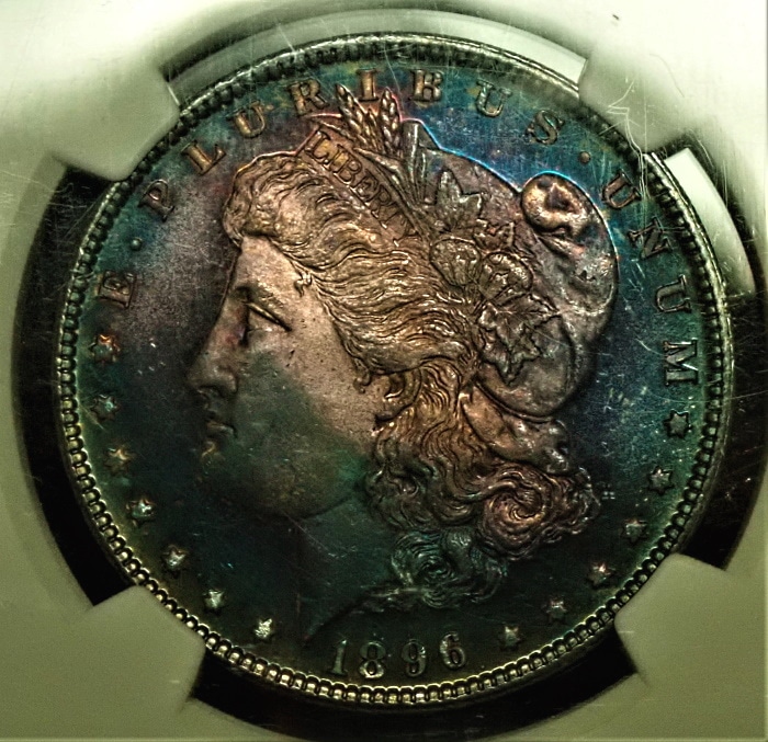 アメリカ1896年1ドル銀貨「モルガンダラー」、レインボートーン