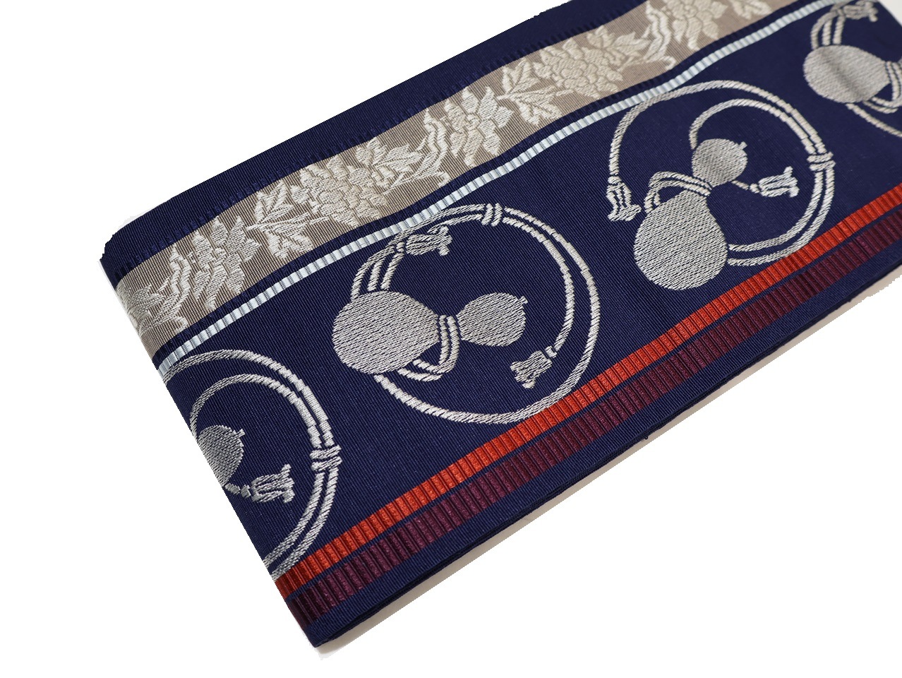 絹交織博多織半幅帯「紺色の地にひょうたんと花の柄」 | 帯,帯(半幅帯