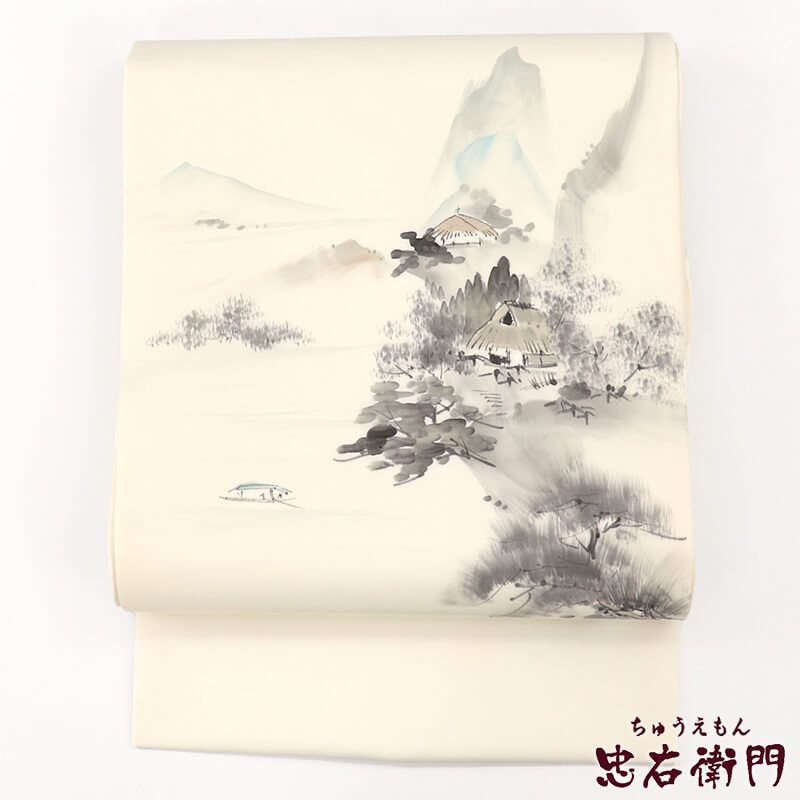 中古】 名古屋帯 落款 正絹 九寸帯 お太鼓柄 白 風景柄 塩瀬 長さ367cm