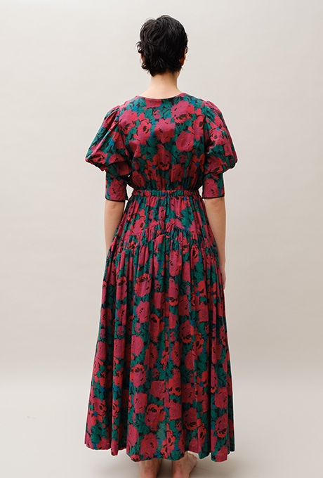 Flower Print Cotton Puff Sleeve Gather Long Dress | All Items