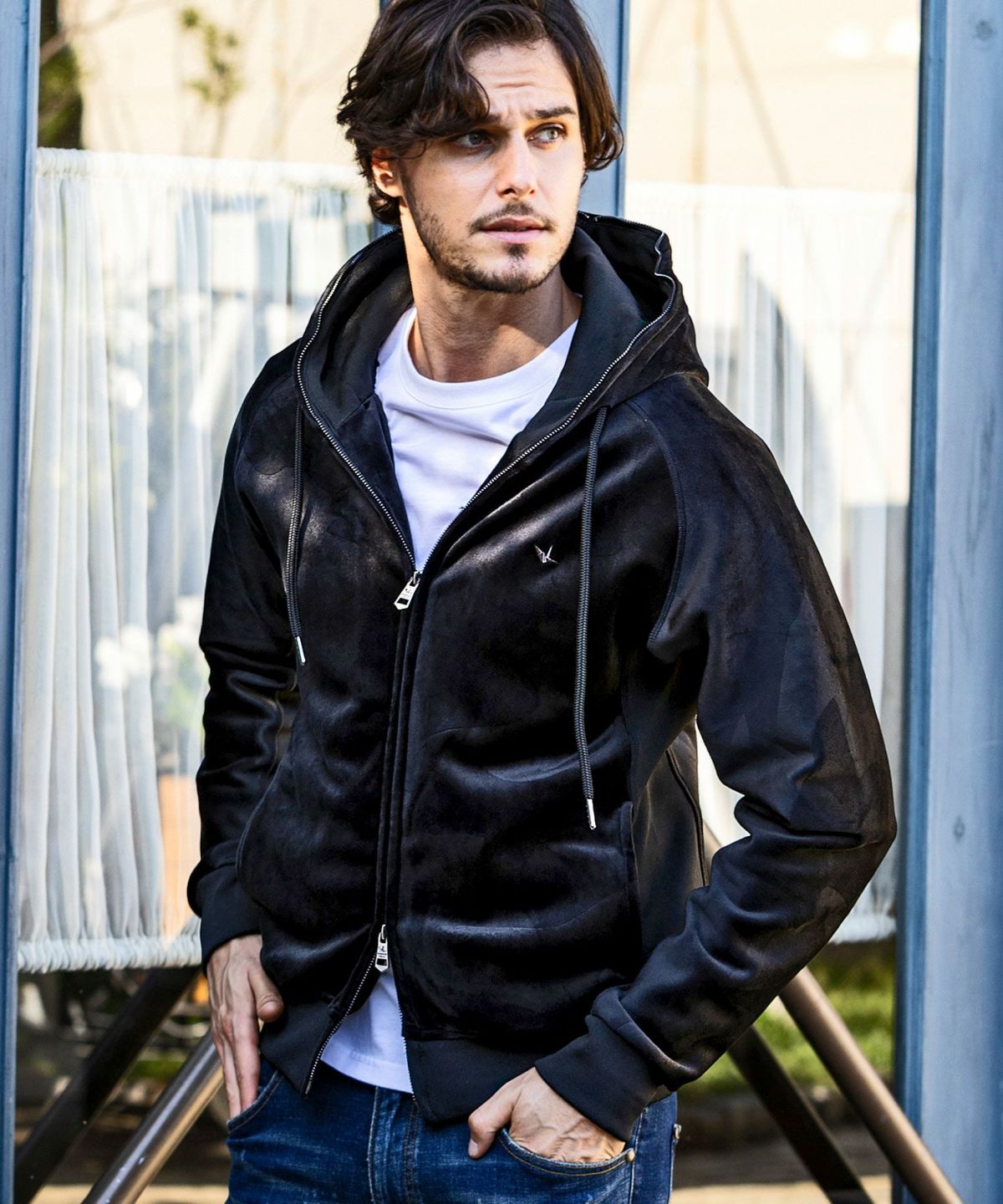 カモ柄ベロアパーカー ブラック 1PIU1UGUALE3 RELAX ウノピゥウノウ