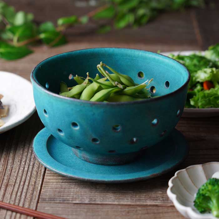 益子焼のザル シャビーターコイズ （☆プレートつき） 水切りボウル 穴