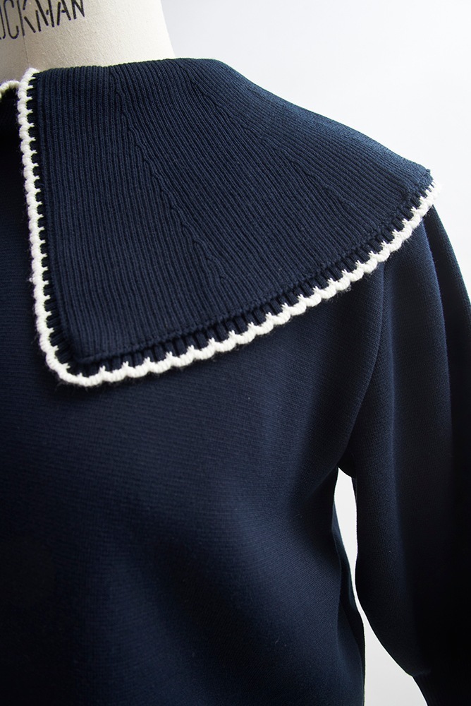 yori コットン刺繍カラーニットネイビー