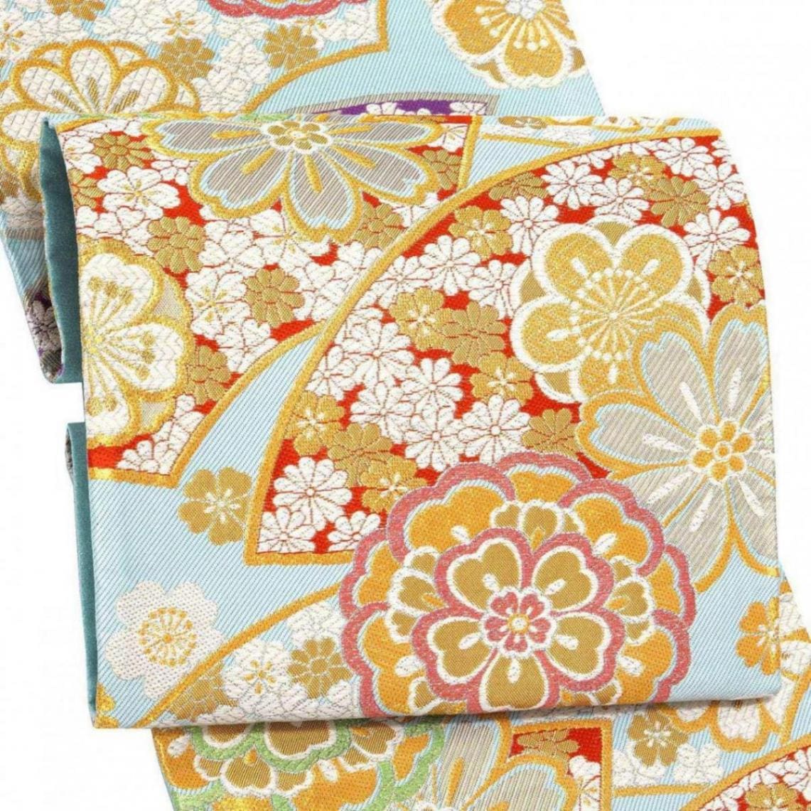 袋帯 薄水色 扇に花 西陣織 証紙番号2362 大光株式会社謹製 六通柄