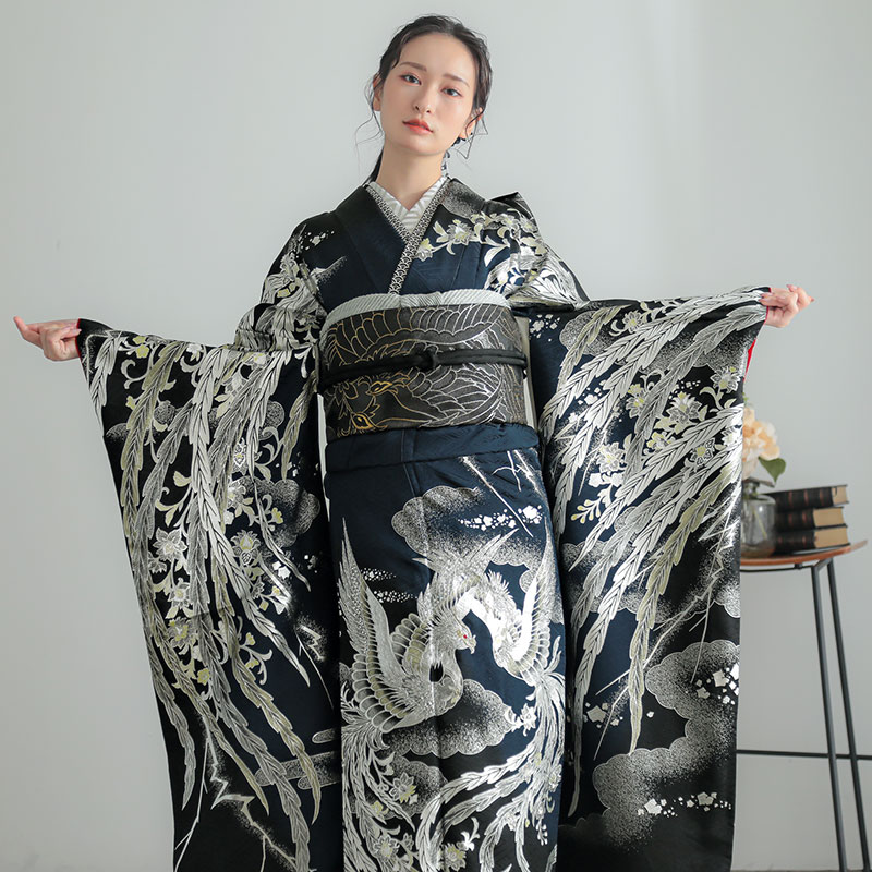 袋帯 振袖用帯 黒銀 鳳凰 | OBI | 京都きもの夢館