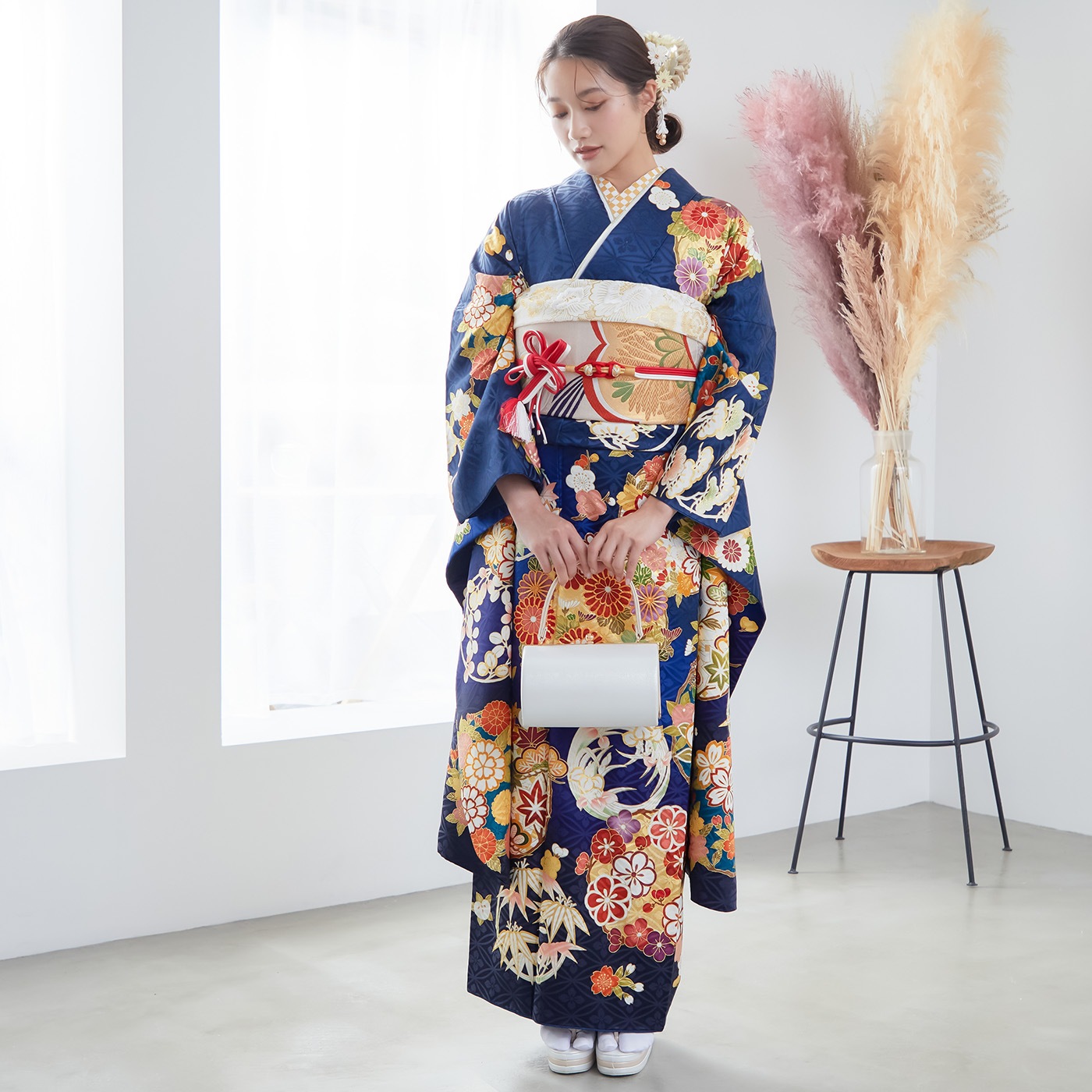 吉澤の友禅 紺 吉澤の本格型友禅 四君子（【振袖・袋帯・長襦袢の