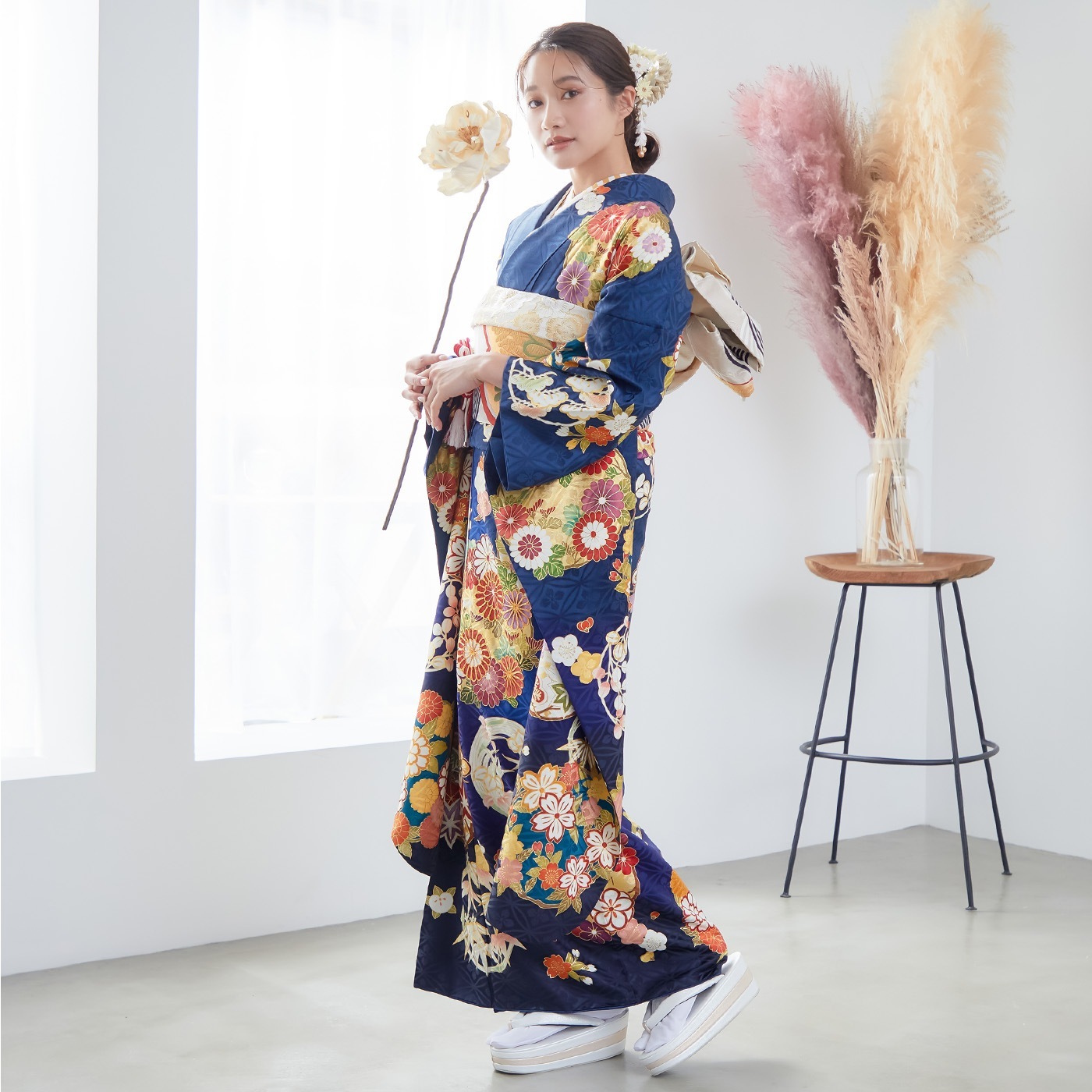 吉澤の友禅 紺 吉澤の本格型友禅 四君子（【振袖・袋帯・長襦袢の