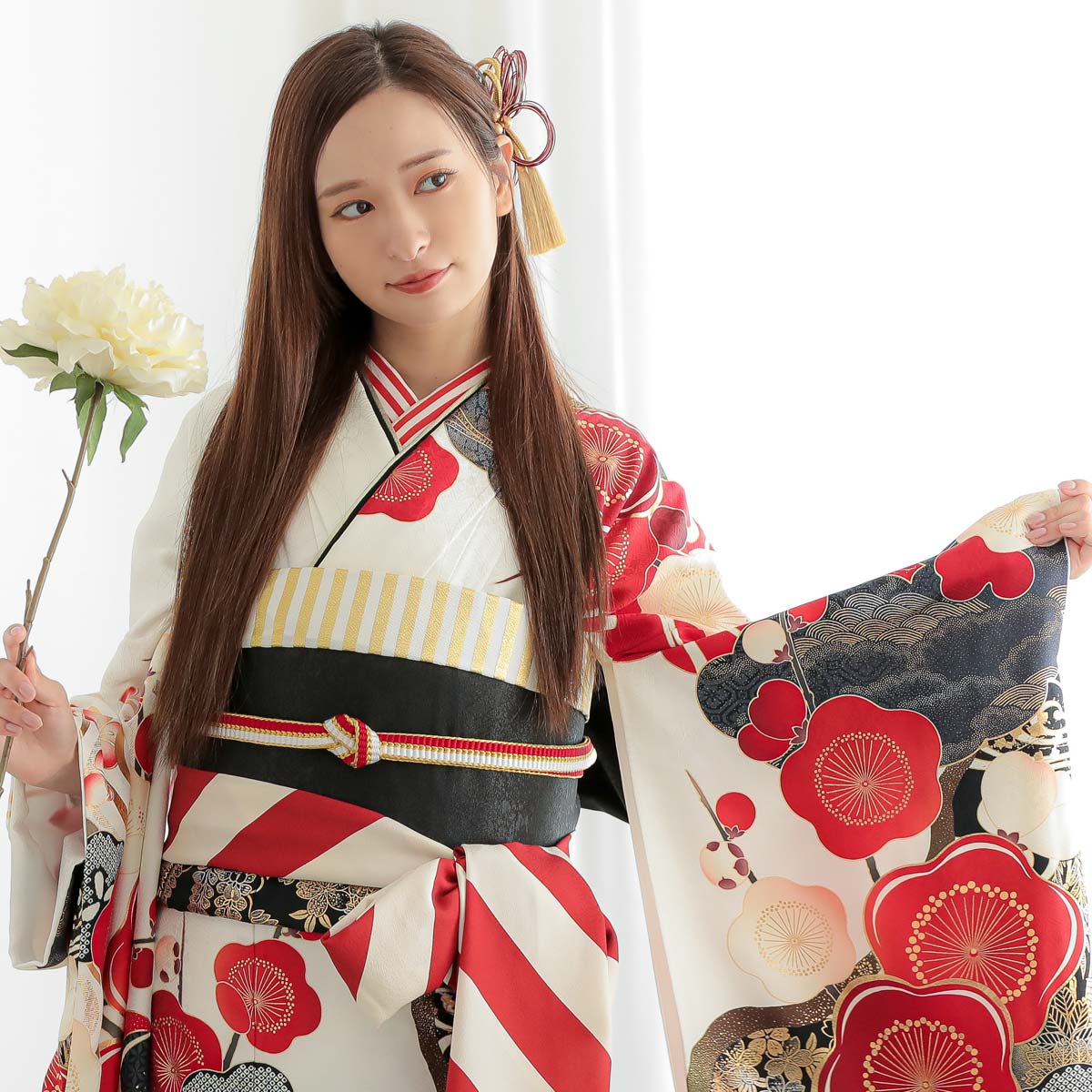 白 道長取りに紅白梅（【振袖・袋帯・長襦袢のセット商品